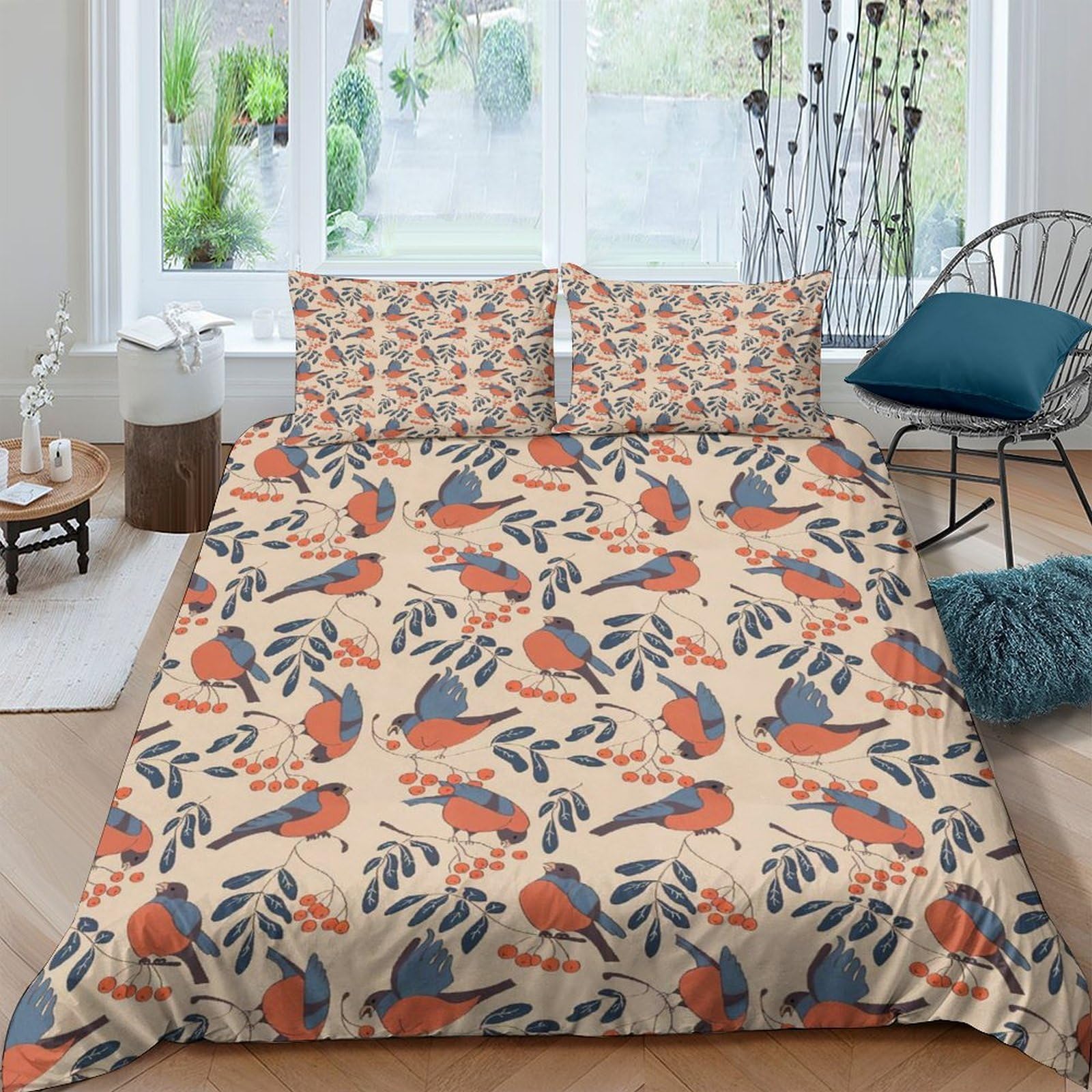 GPLZQXKJNH 3D Printed Orange Bird Leaves Duvet Cover Set Microfiber Soft Breathable Blue Foliage Bedding with 2 Pillowcases for Home Bedroom Single（135x200cm）