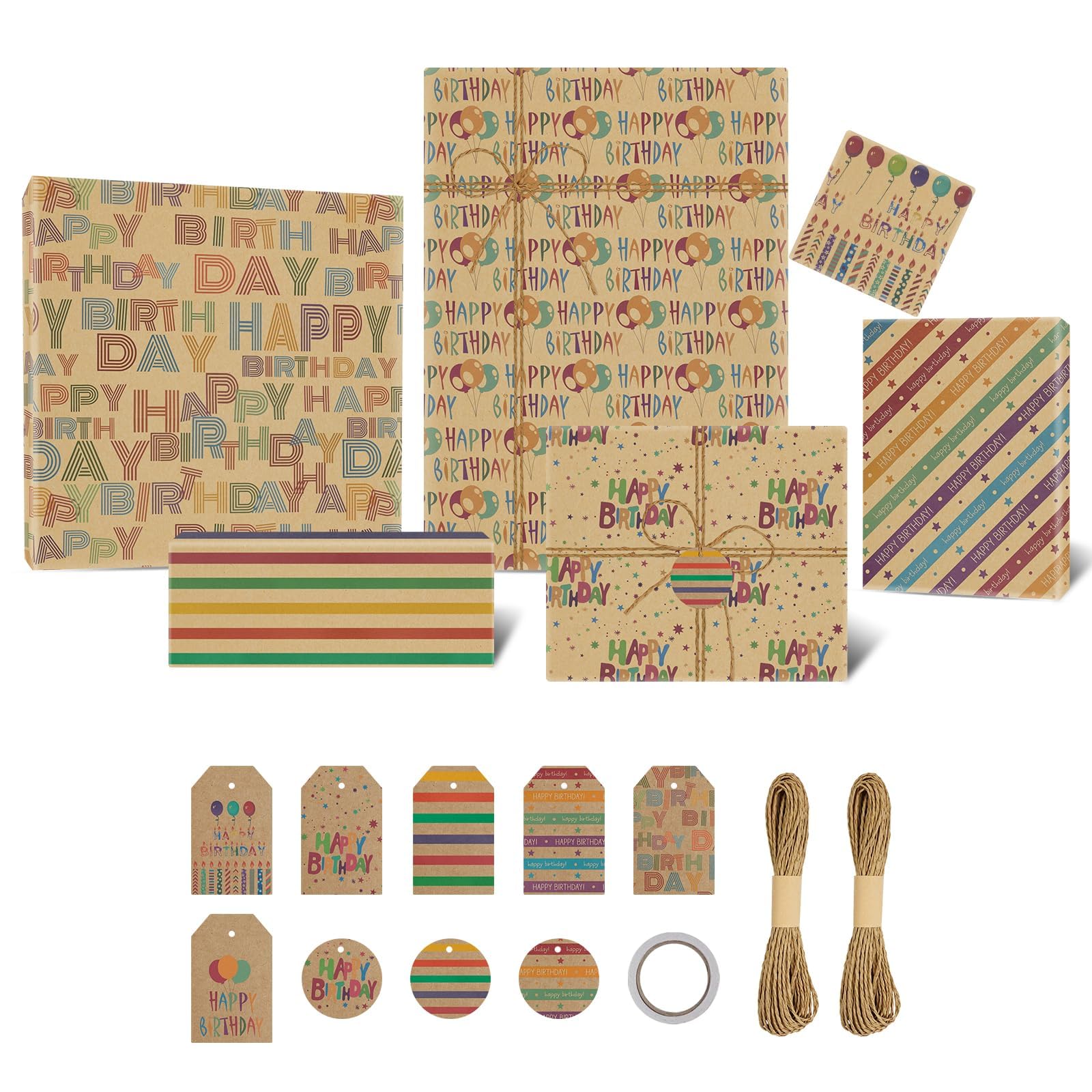 6 Sheets Wrapping Paper, 70x50cm Recyclable Kraft Birthday Wrapping Paper, with 0.8cmX4.5m Double Sided Tape, 10m Jute String and 9 Tags for Boy Men Girl Women, Perfect for Party Baby Shower