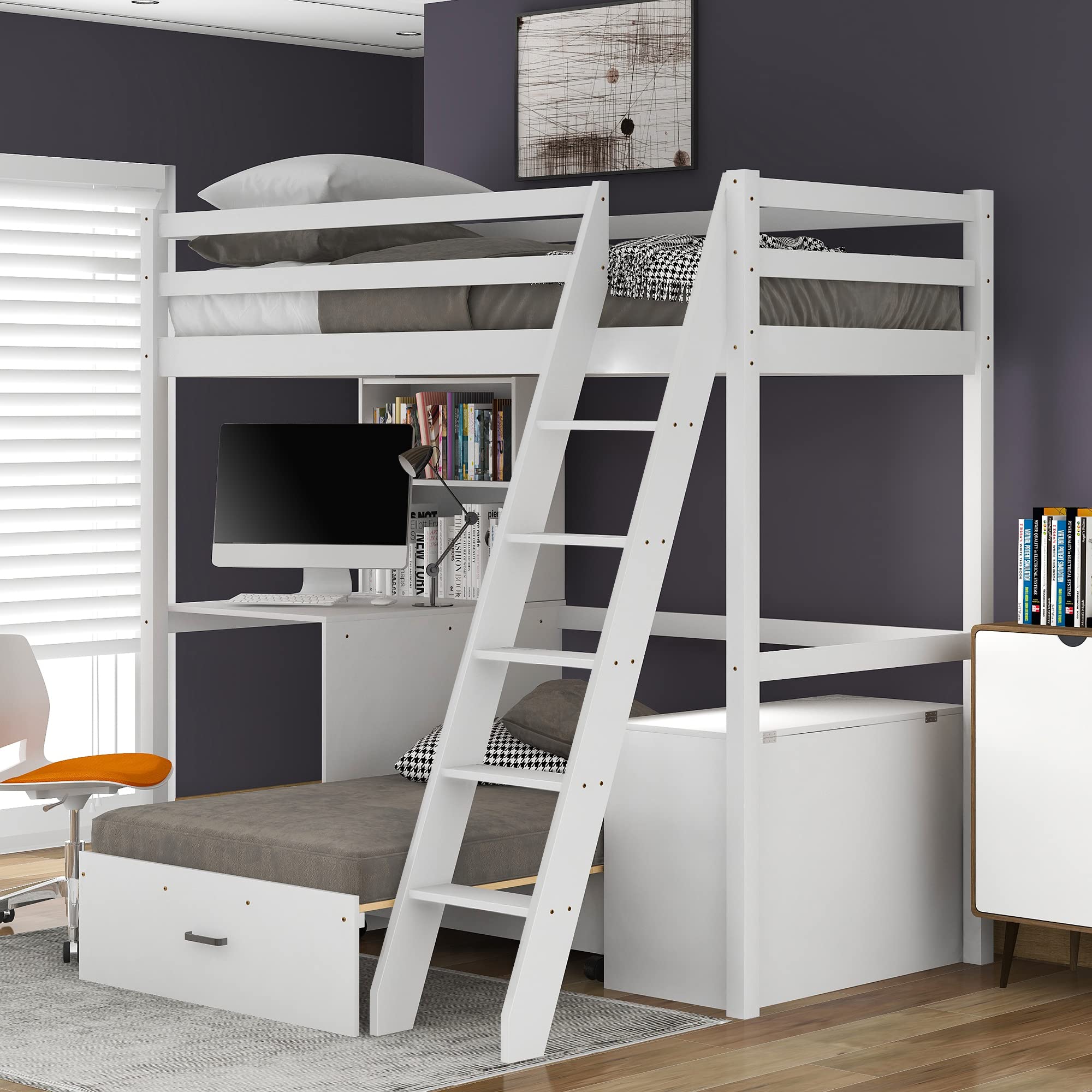 Single 3FT Loft Bed Frame with Bookshelf/Retractable Pullout Bed, Storage Cabinet, High Sleeper Bunk Bed, Children Bed with Solid Pine Wood for Kids, Ideal for Any Room 90X190CM,【2021 UK Spot】