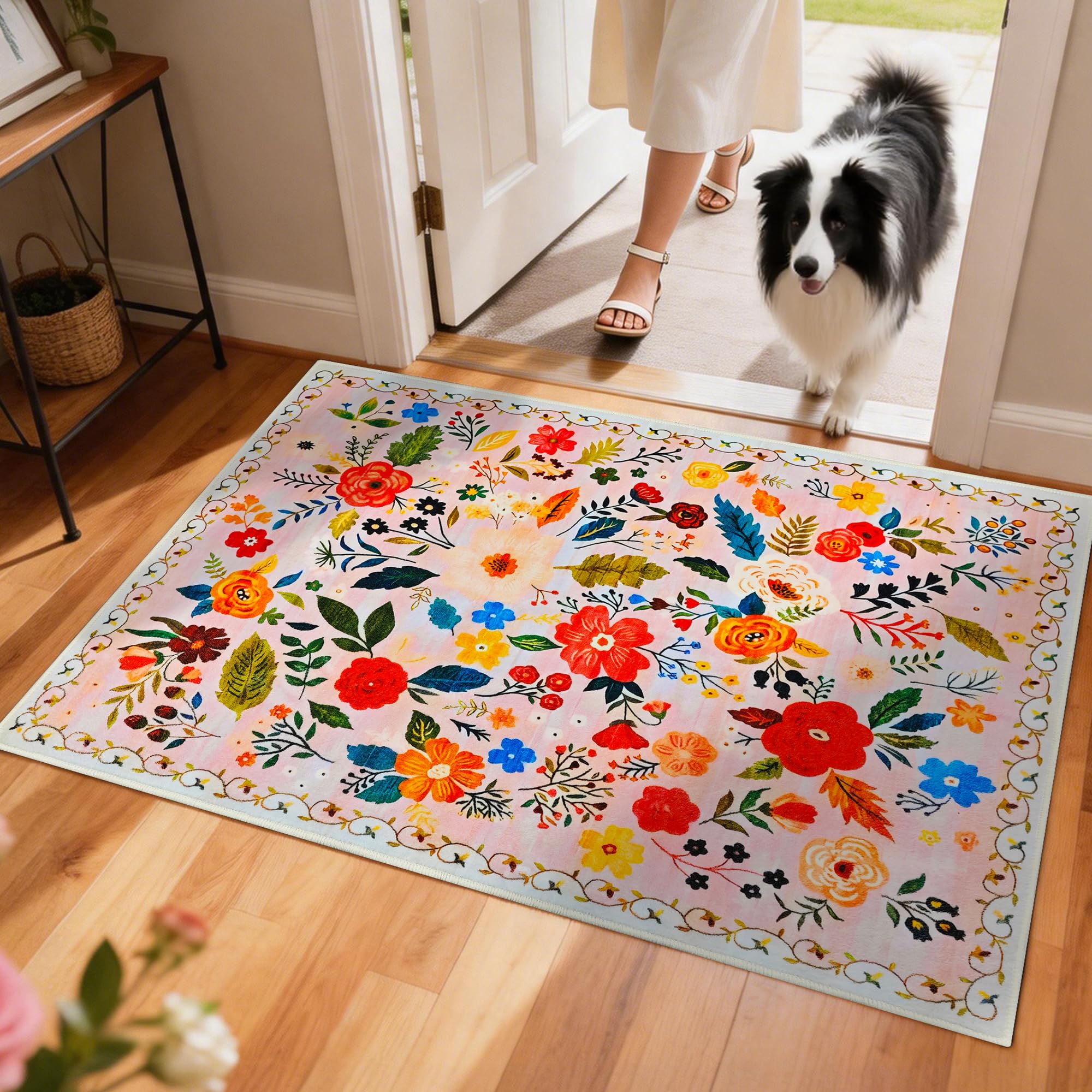 Felpudo Ultrafino para Interiores,122x80cm,Lavable,para La Entrada | Felpudo Interior Colorido Que Atrapa La Suciedad, Con Estampado Floral Bohemio E Impermeable, Con Base Antideslizante De Goma