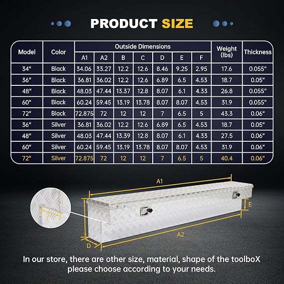 72x12x12 Aluminum Side Tool Box, Heavy Duty 5-Bar Tread, Silver