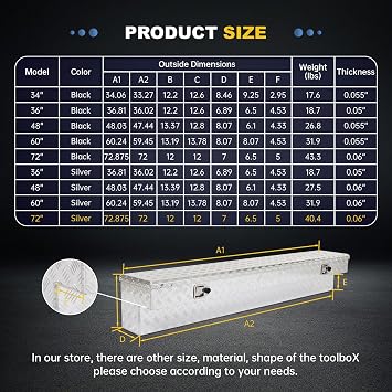 72x12x12 Aluminum Side Tool Box, Heavy Duty 5-Bar Tread, Silver