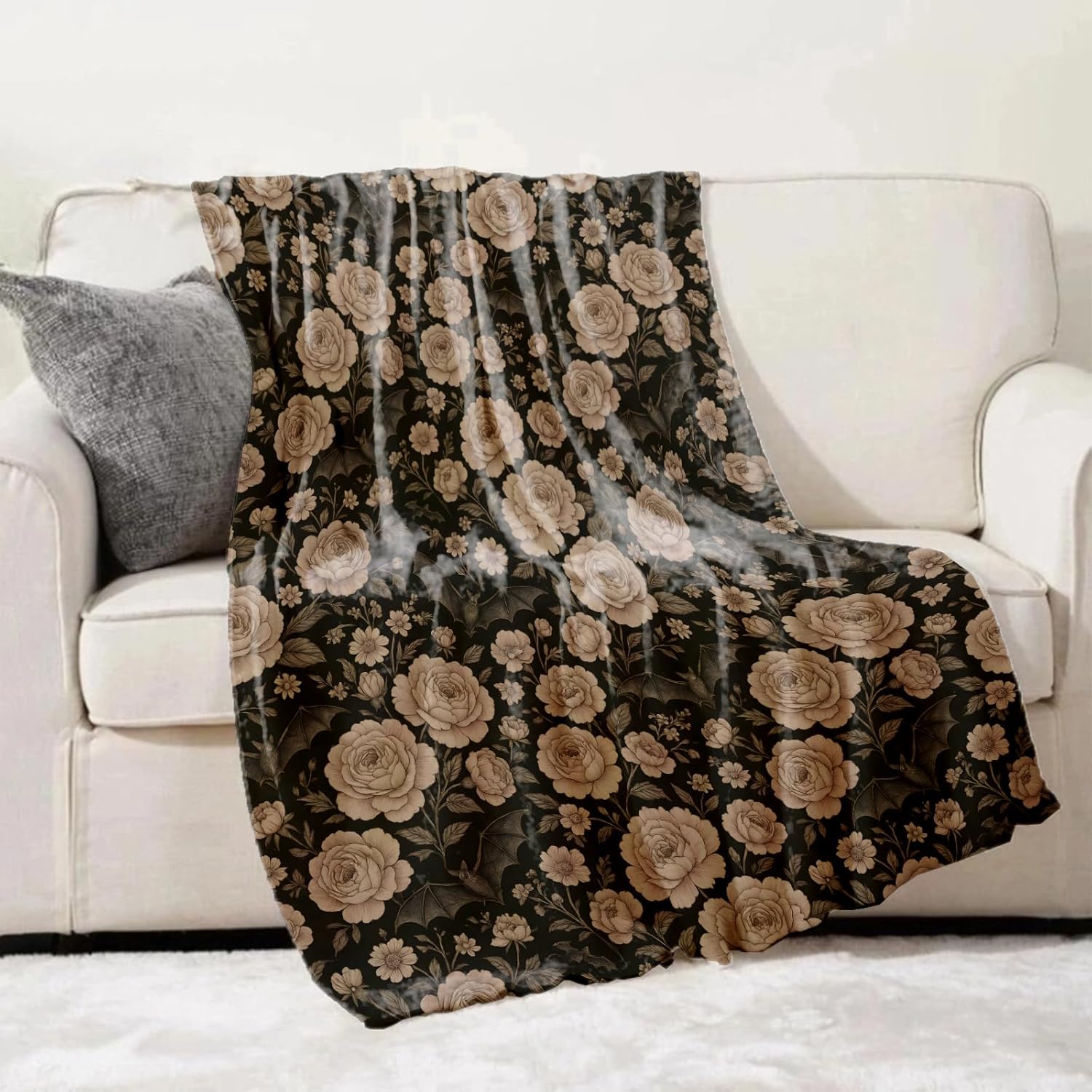 Gothic Rose Bat Throw Blanket Gifts for Adults Kids, Dark Floral Halloween Goth Blankets for Living Room Bedroom Decor, Fuzzy Warm Flannel Plush 50"x60" - Image 2