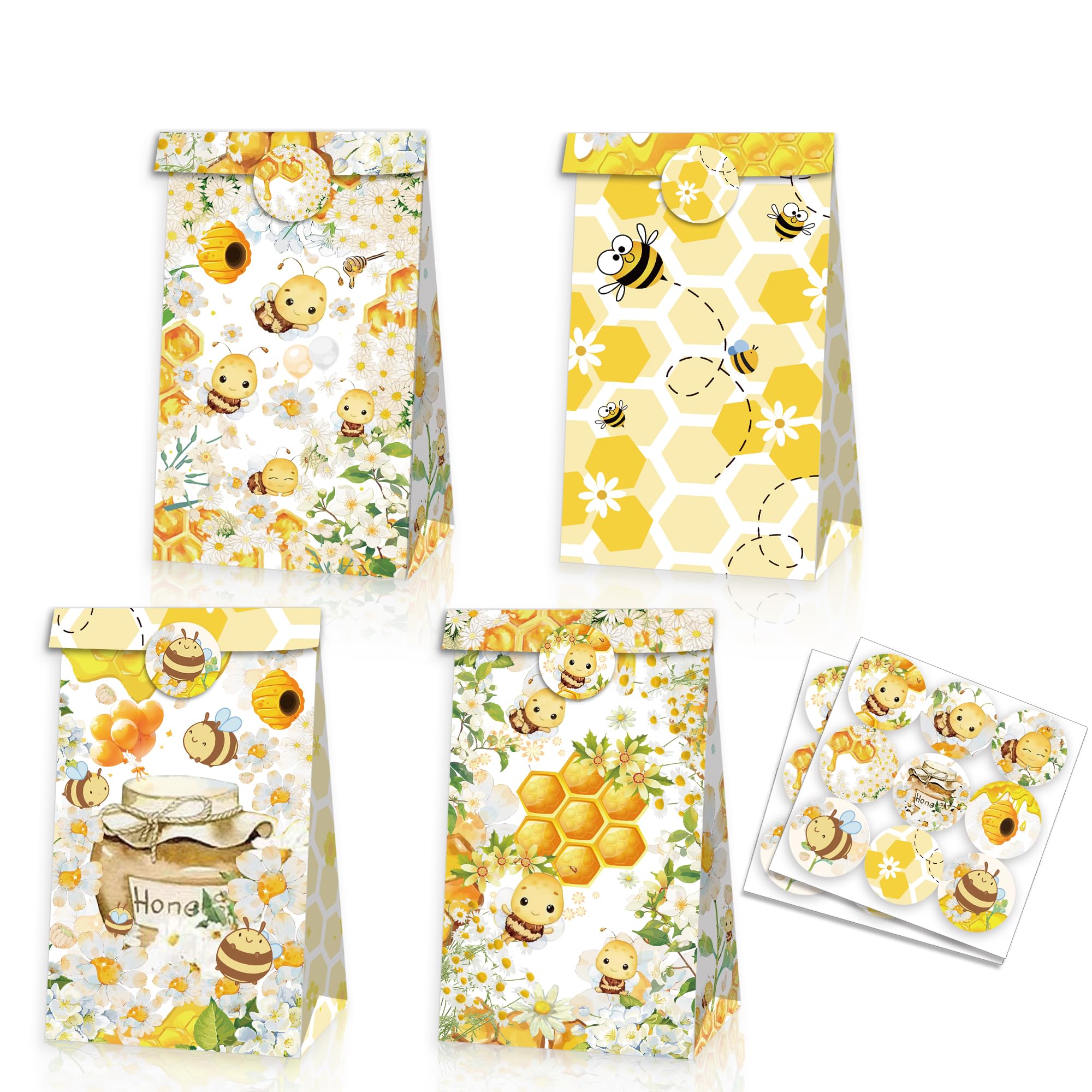 12 Packs Bee Party Paper Bags, 22x16x8 cm Honey Gift Bags with stickers for Kids or Adults in Birthday party, Weddings, Events or Shopping (bee)