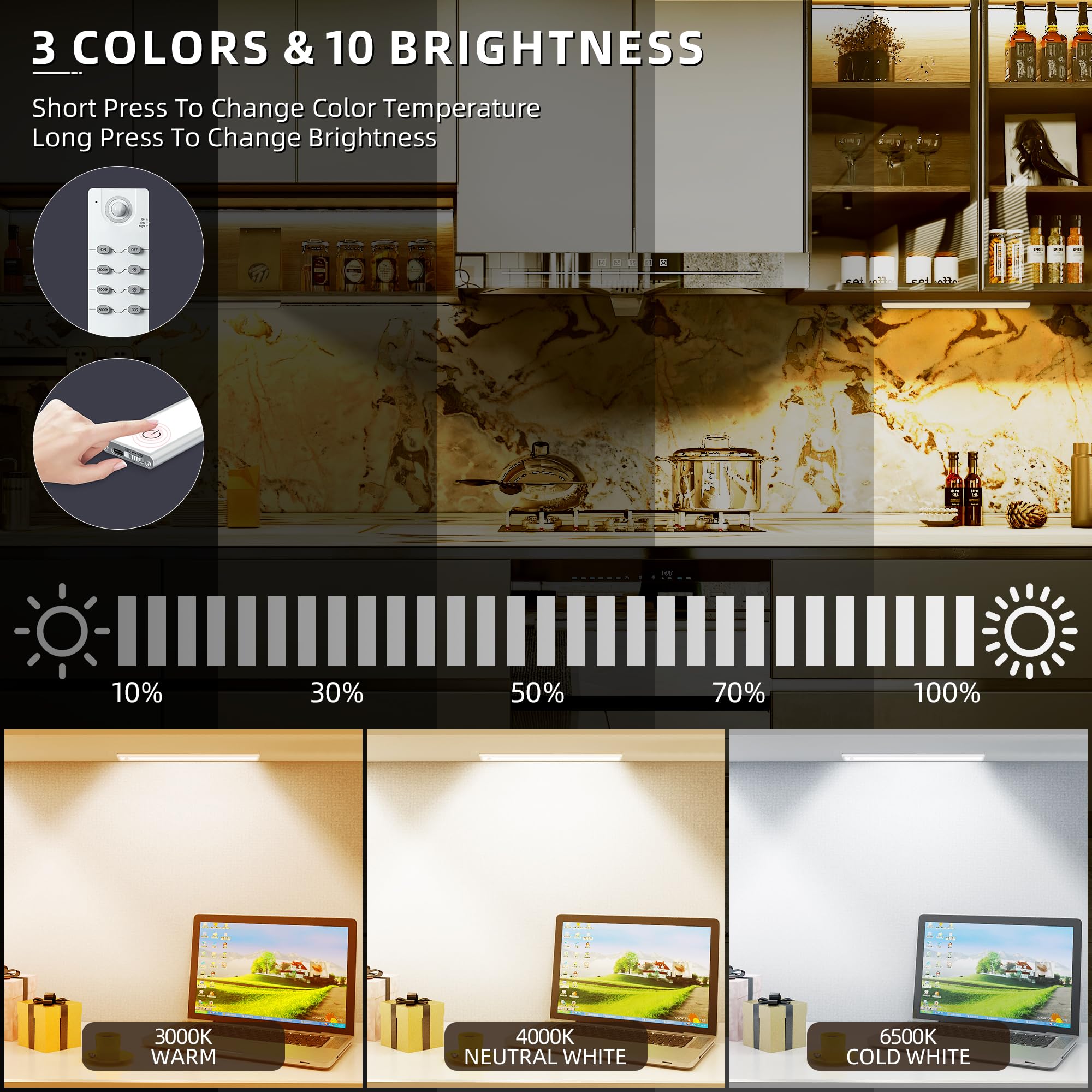 Illuminazione mobile senza fili, ricaricabile a batteria, rilevatore di movimento a LED, illuminazione per armadio con ricarica USB, illuminazione da incasso dimmerabile con telecomando per cucina