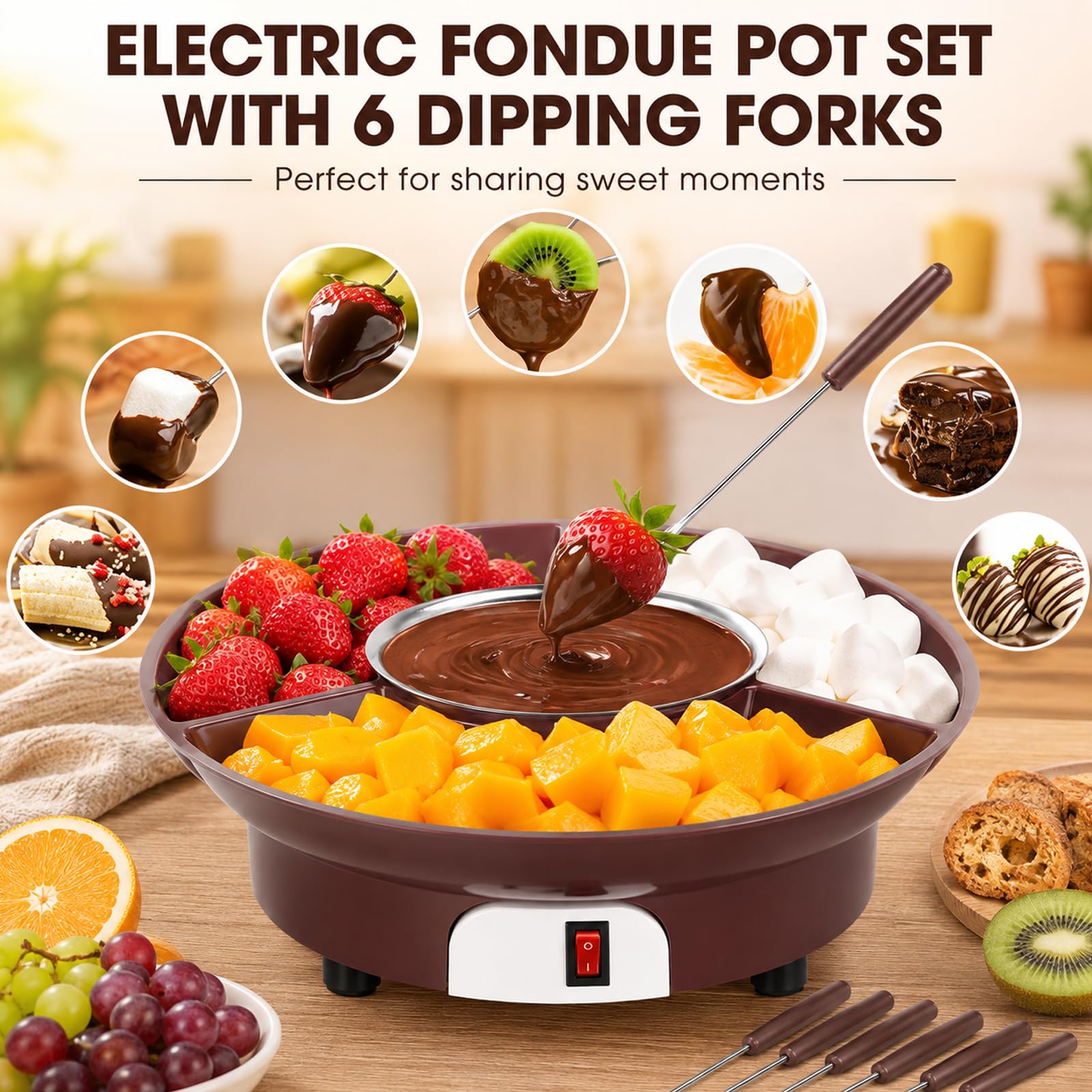 Scioglicioccolato Elettrico 10oz, Mini Fonduta con 6 Forchette e Vassoio