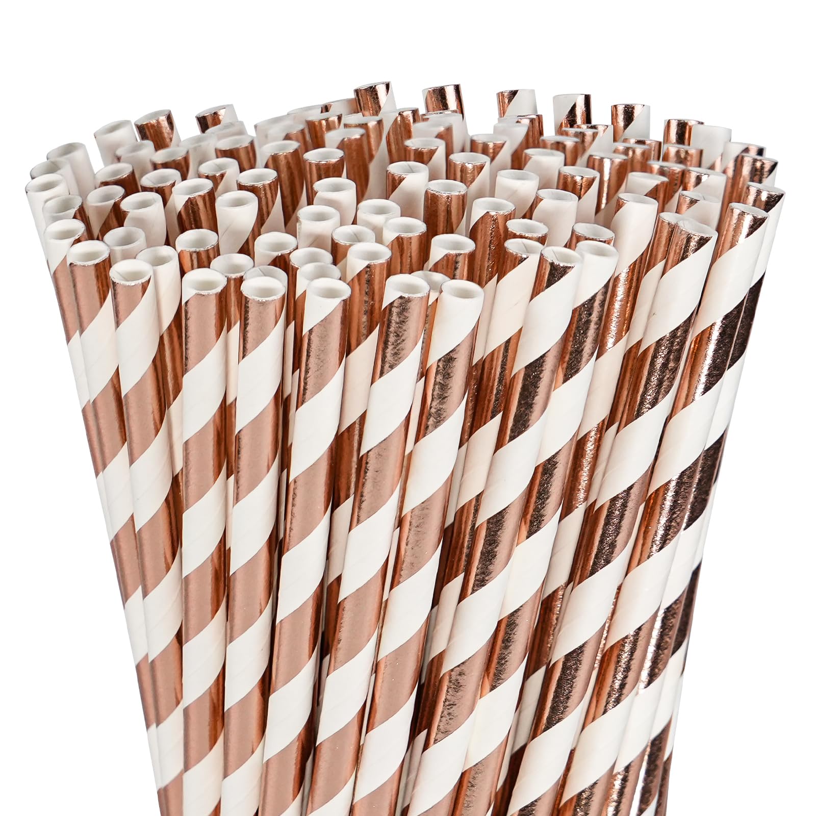 Lives on Green 7.75 inch Rose Gold and White Striped Paper Straws - 100 Pack Disposable Straws for Party, Wedding, Cocktail, Crafts, 100% Biodegradable & Compostable