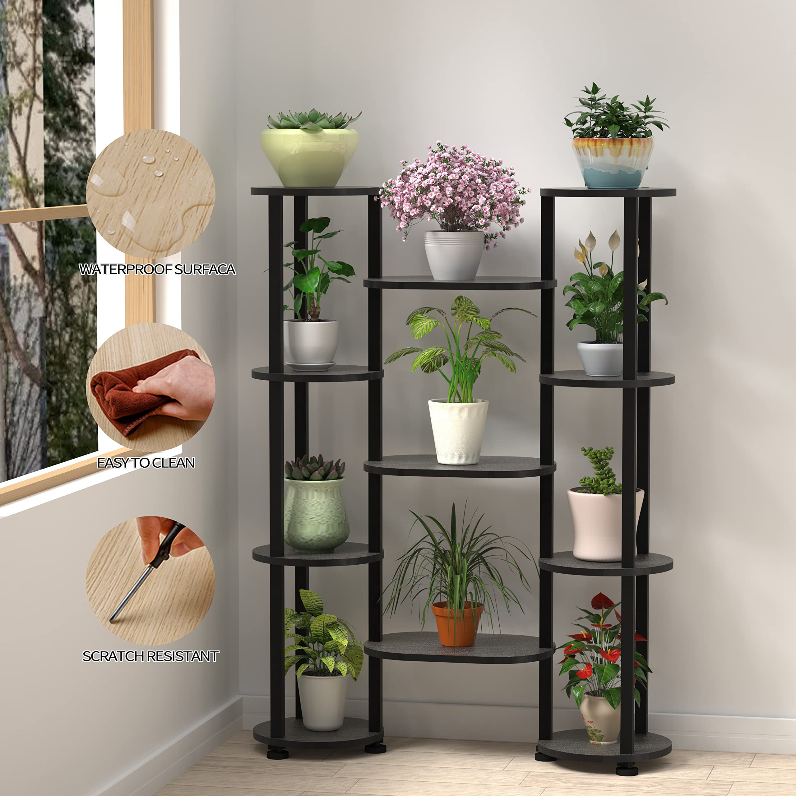 Rigatmat Round Wood Tall Plant Stand Indoor For Plants Multiple Tiered Corner Plant Shelf Outdoor Plant Holder ï¼Œ4Tiers 11 potted