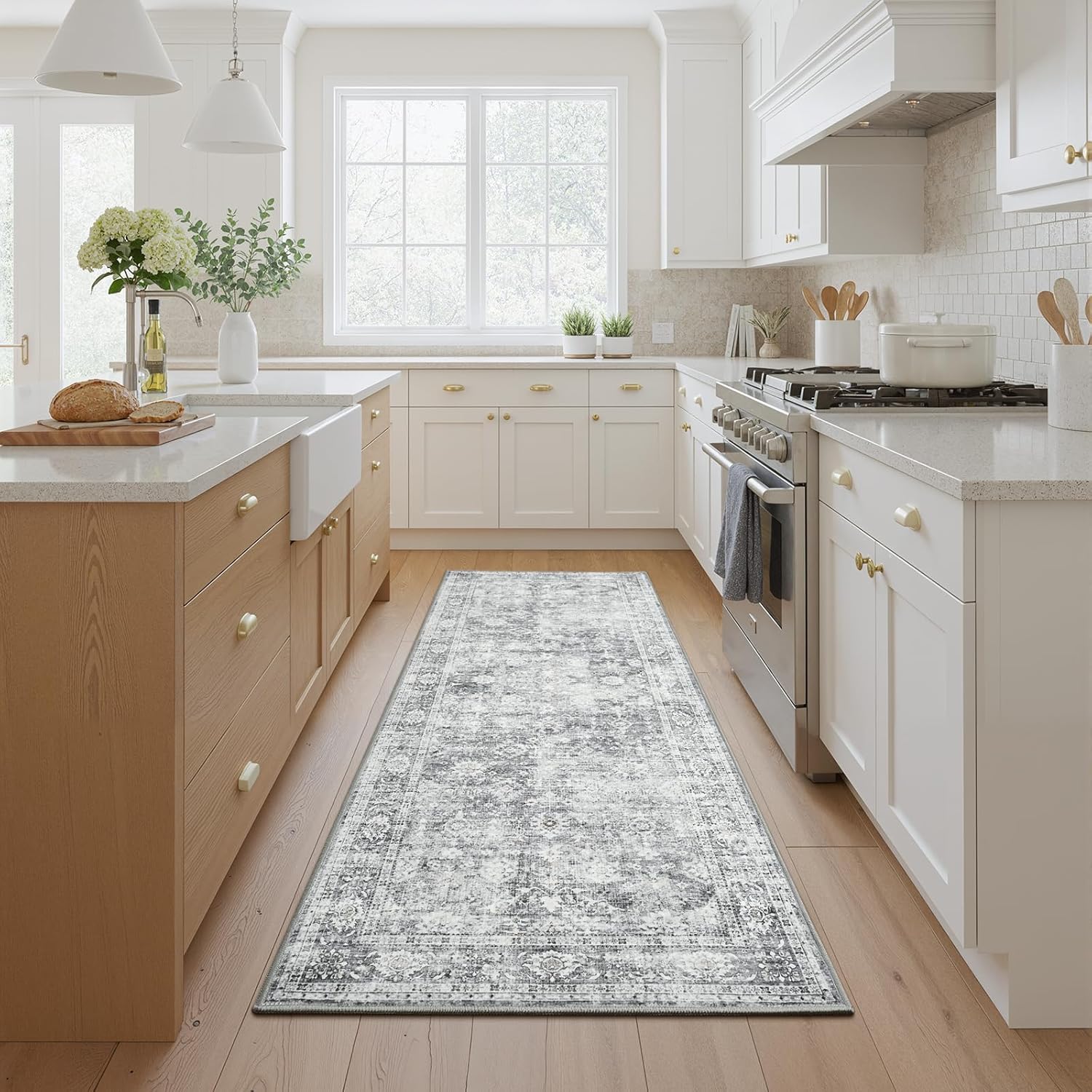 2x5 Washable Runner Rug, Non-Slip Area Rug for Kitchen Hallway Bathroom Bedroom, Vintage Low Pile Rugs Laundry Room Decor Carpet, Grey