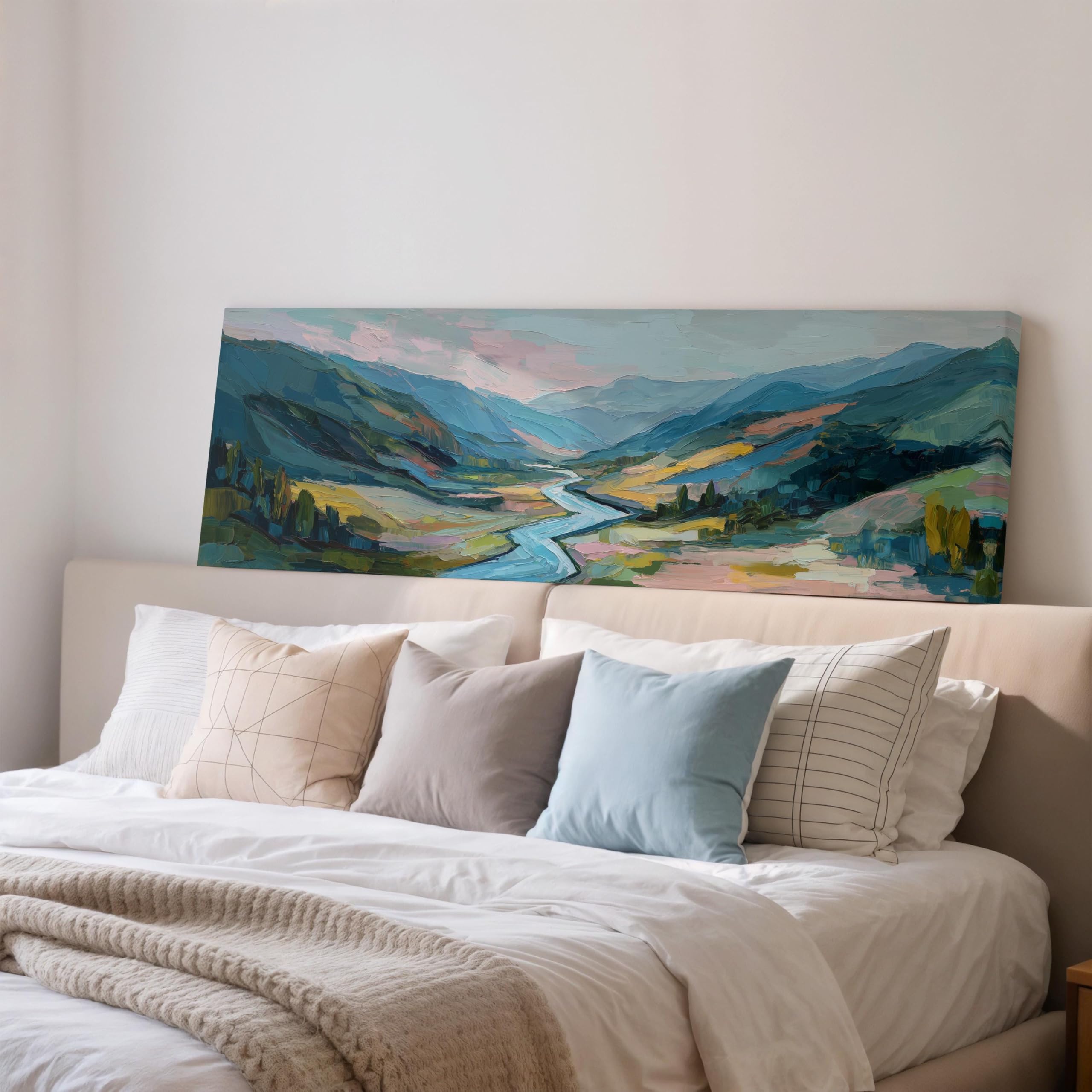 YUSUZHU Abstract Mountain Landscape Canvas, Wide Panoramic Canvas Wall Art, Winding River Valley, Modern Farmhouse Decor Posters(20x60cm/Frameless)