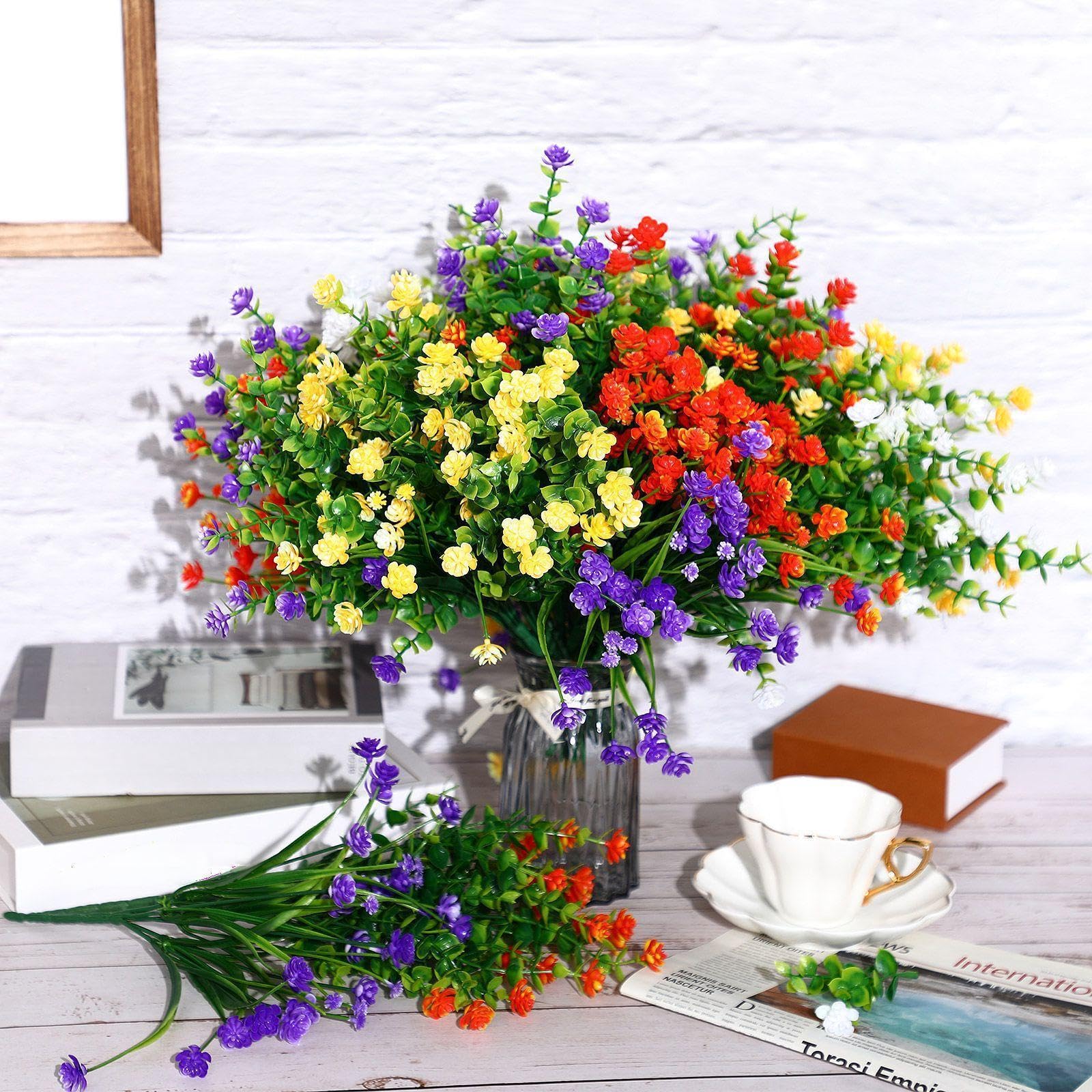 Xinnun 24 Bündel Outdoor Künstliche Pflanzen und Blumen Künstliche Blumen im Freien Falsche Kunststoff Pflanze Falsche Blumen für Frühling Sommer Garten Fenster Vase Deko