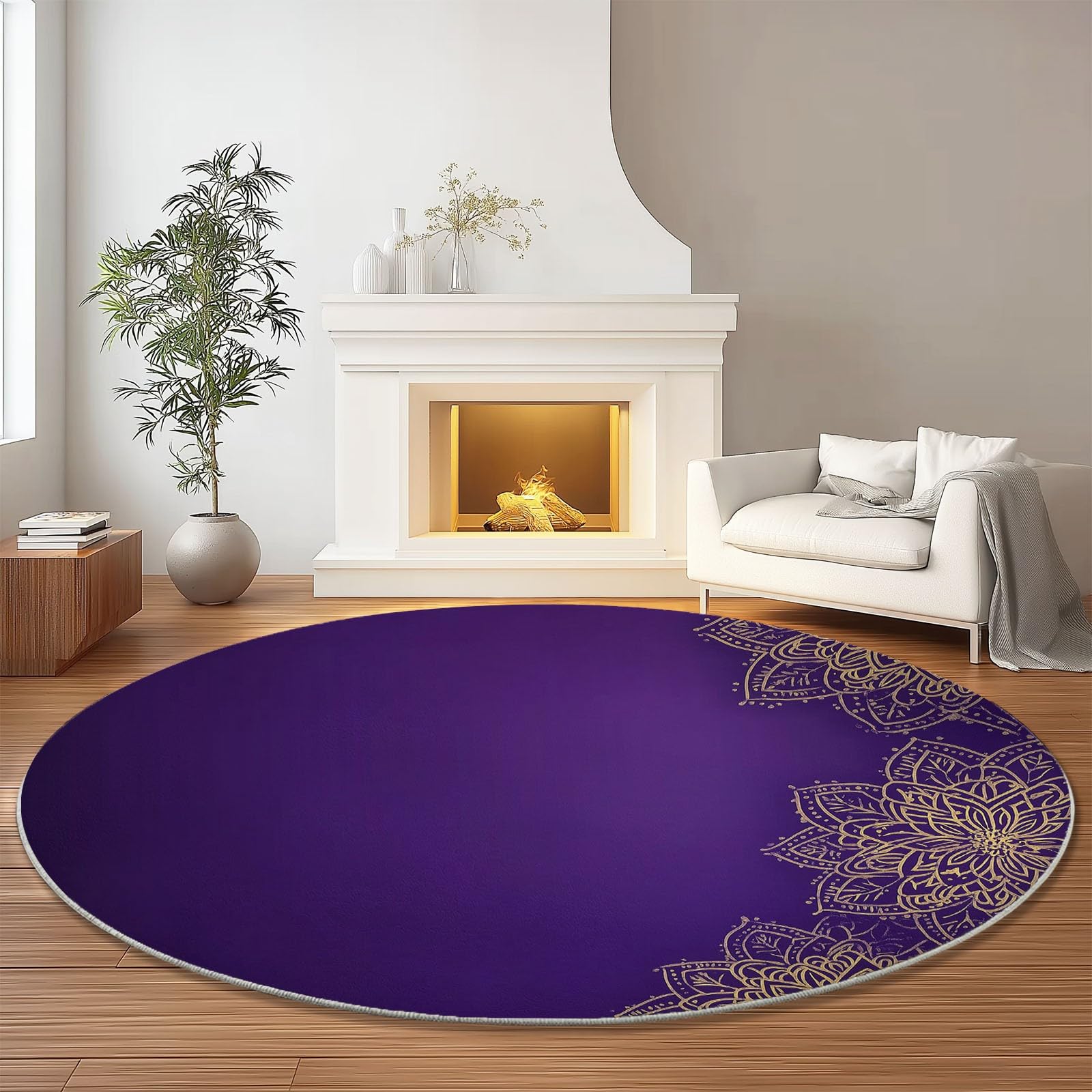 Teppich Wohnzimmer Rund 120 cm Teppich Schlafzimmer Gold Lila Kurzflor Wohnzimmerteppich Linien Mandala Blumen Waschbar rutschfest Rund für Wohnzimmer Schlafzimmer Esszimmer