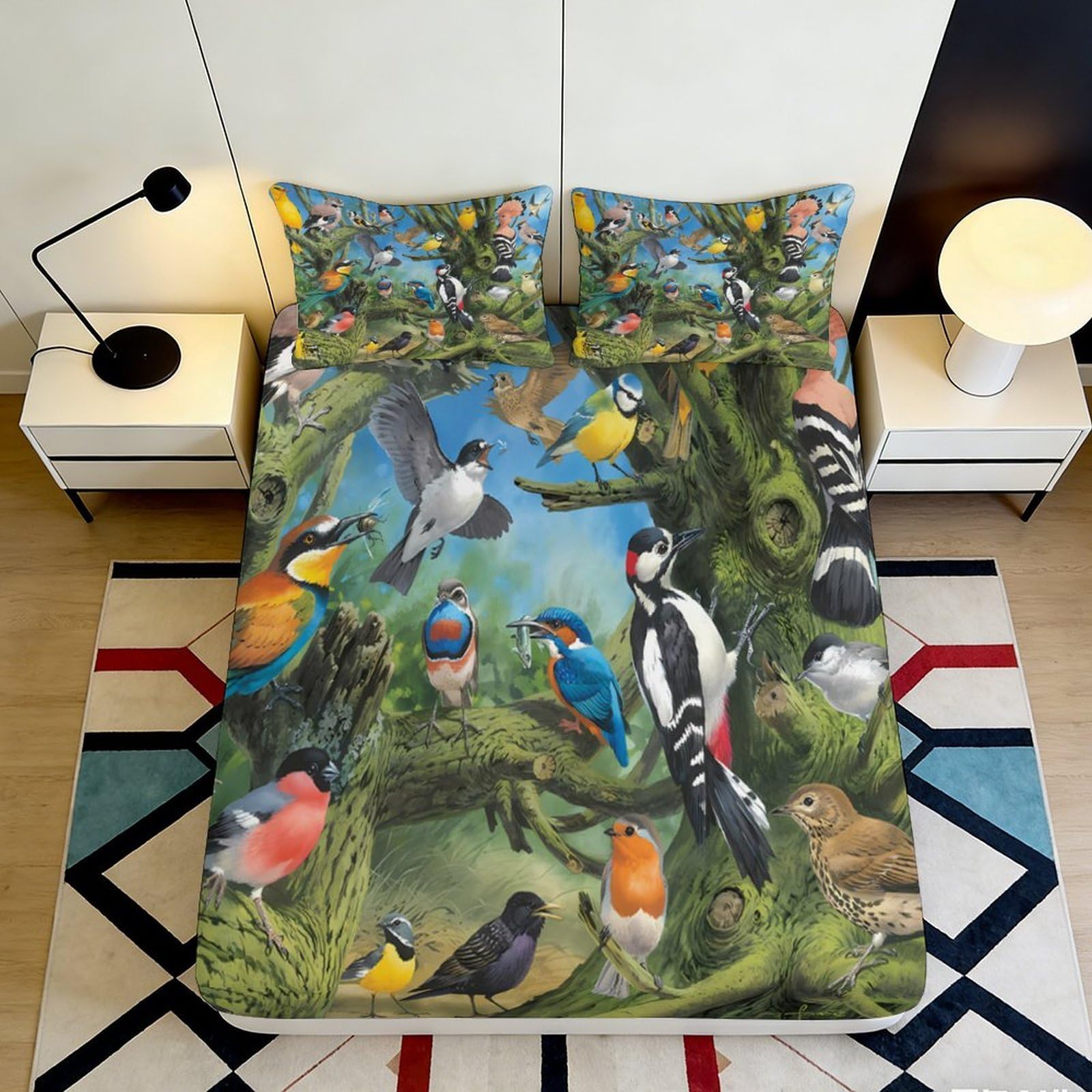 3D Printed Colorful Songbirds Fitted Sheet Microfiber Soft Breathable Forest Birds Mattress Cover for Bedroom Decor 90x200x25cm