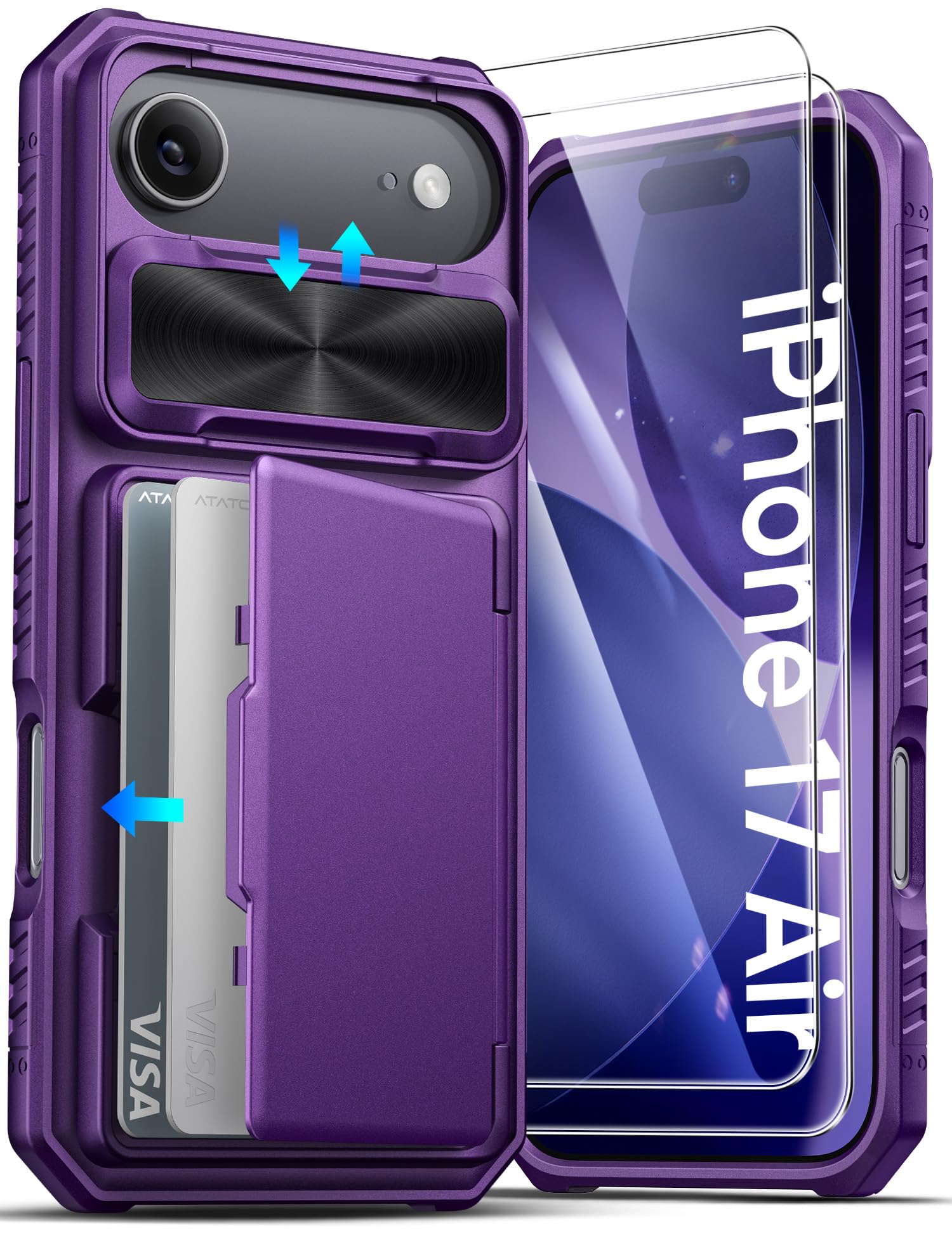 ATATOO for iPhone Air Case Card Holder, 2X Screen Protector, Dark Purple