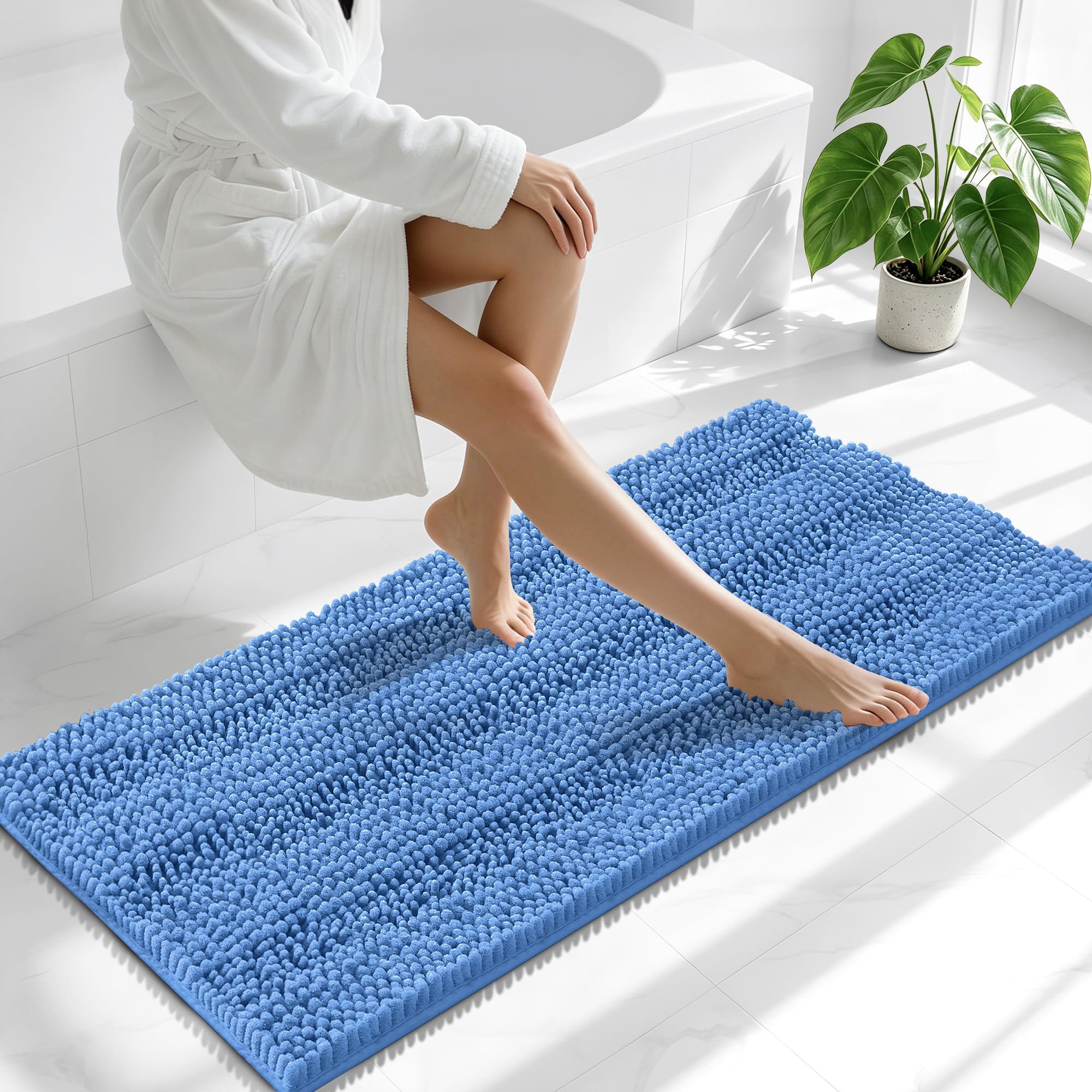 Smiry Thick Chenille Bathroom Runner Rugs 47x20, Bath Mat, Cornflower Blue