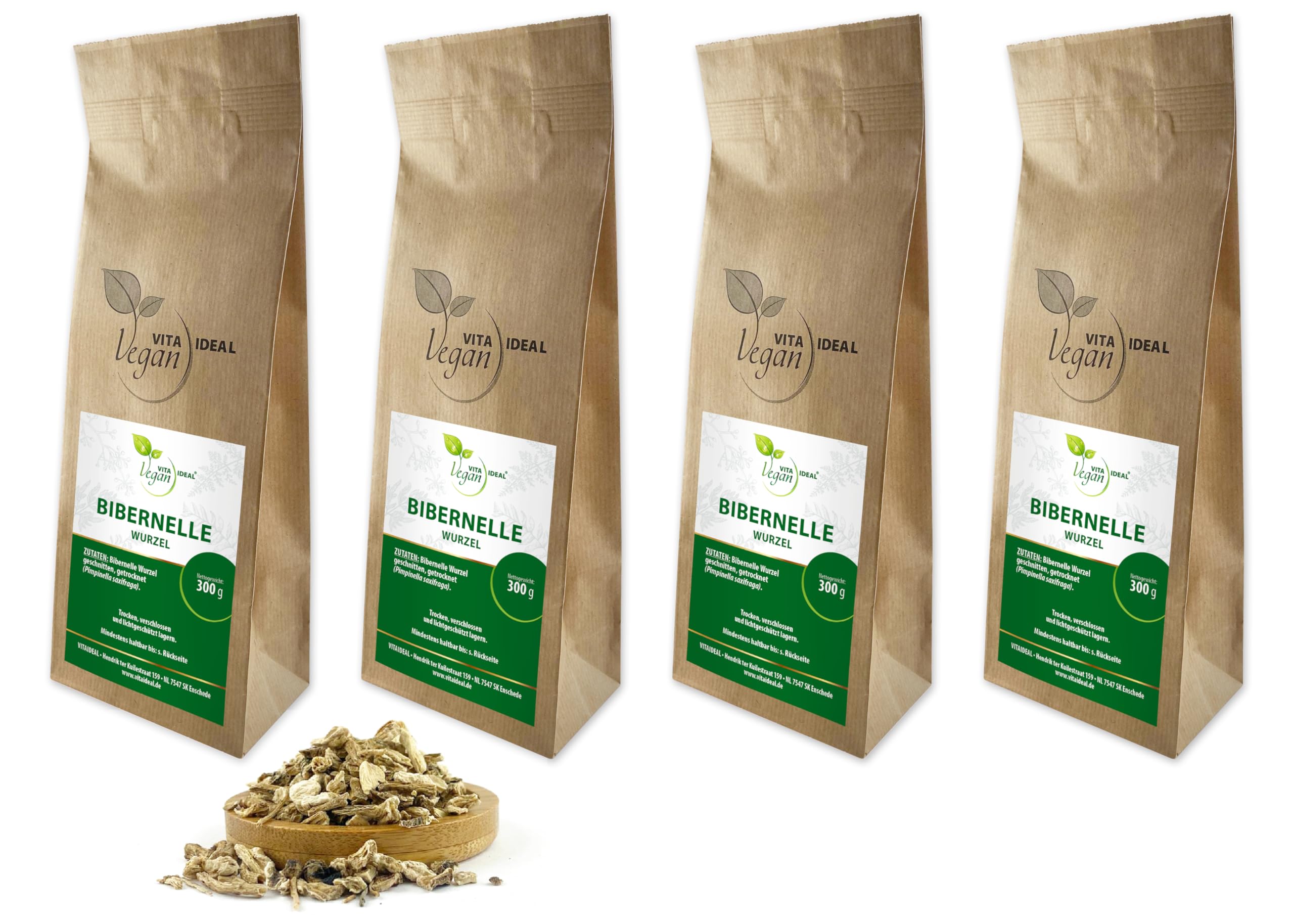 VITA IDEAL Vegan® BIBERNELLE - Wurzel 4x 300g geschnitten & getrocknet - Pimpinella saxifraga - BIBERNELLWURZEL - Tee - Bibernellewurzeltee - Bockwurz Kräutertee & Aufguss.