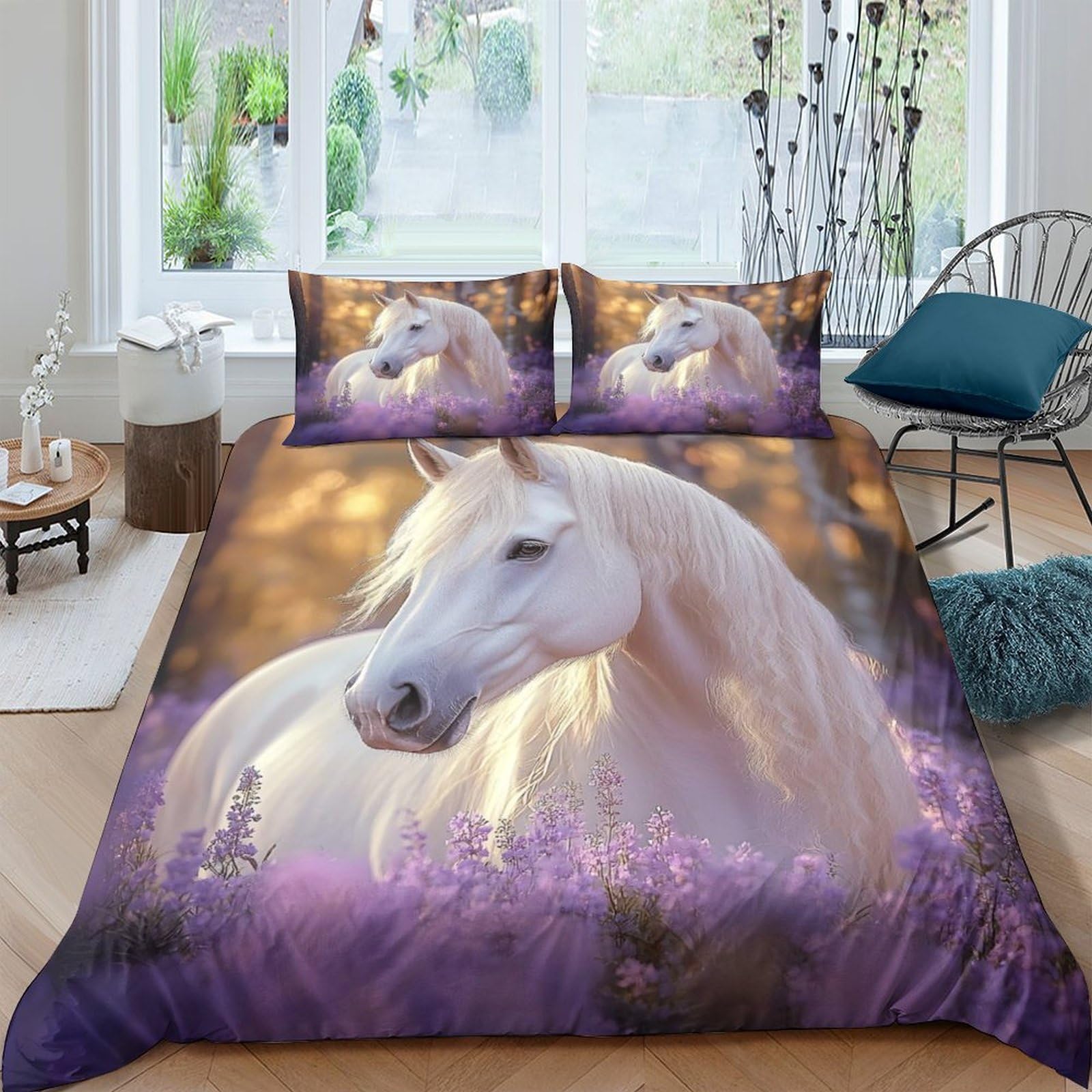 Ctjqhvkz Style-1 3D Printed White Horse Fitted Sheet Microfiber Soft Purple Fantasy Forest Bed Cover For Bedroom Dorm Mattress Protection Decor Single（135X200cm）