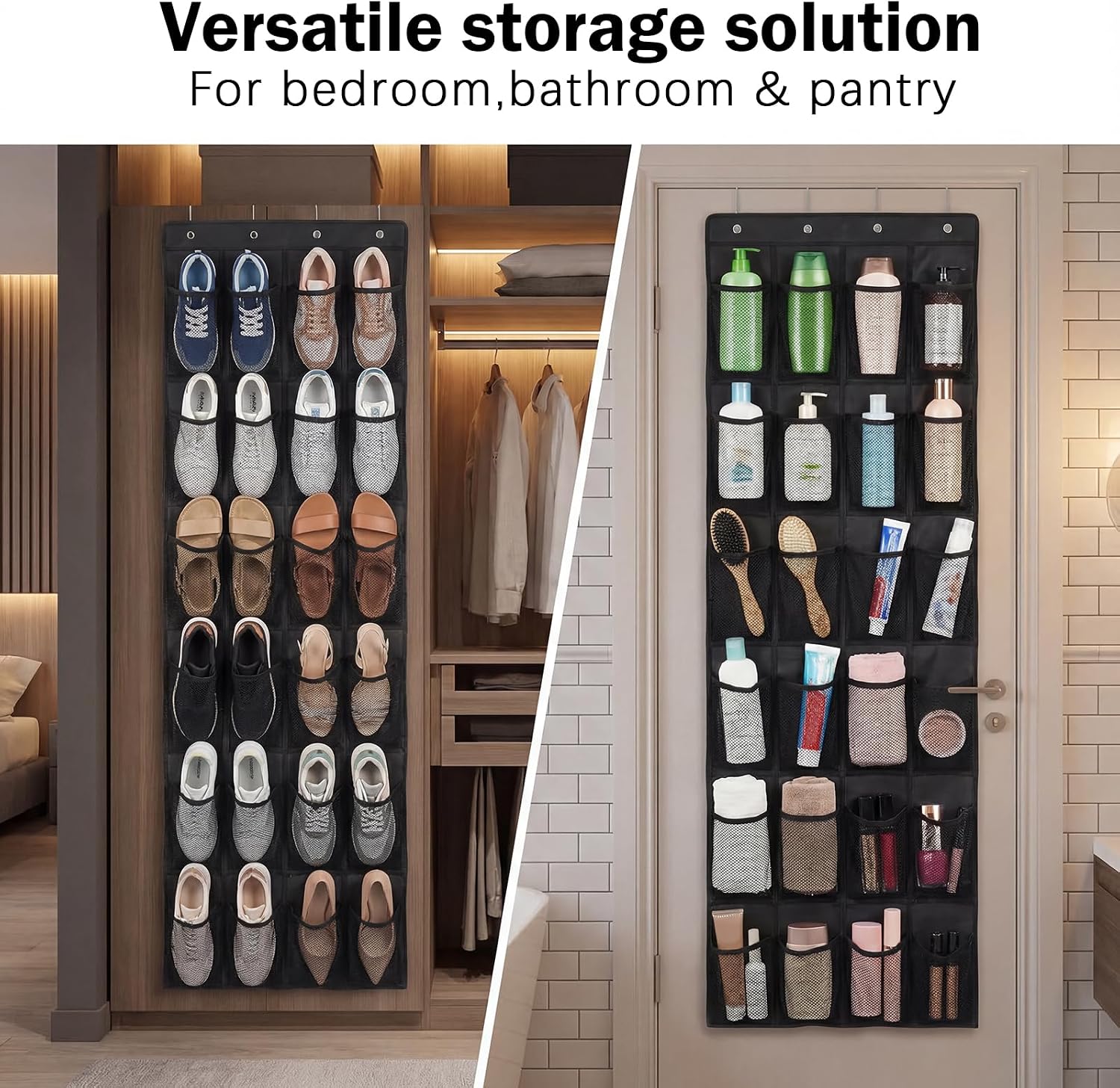 Over the Door Shoe Organizer, 24 Large Breathable Mesh Pockets, Space Saving Hanging Storage, Holds Up to 40 lbs, Hangs on Closets for Shoes, Accessories, Black