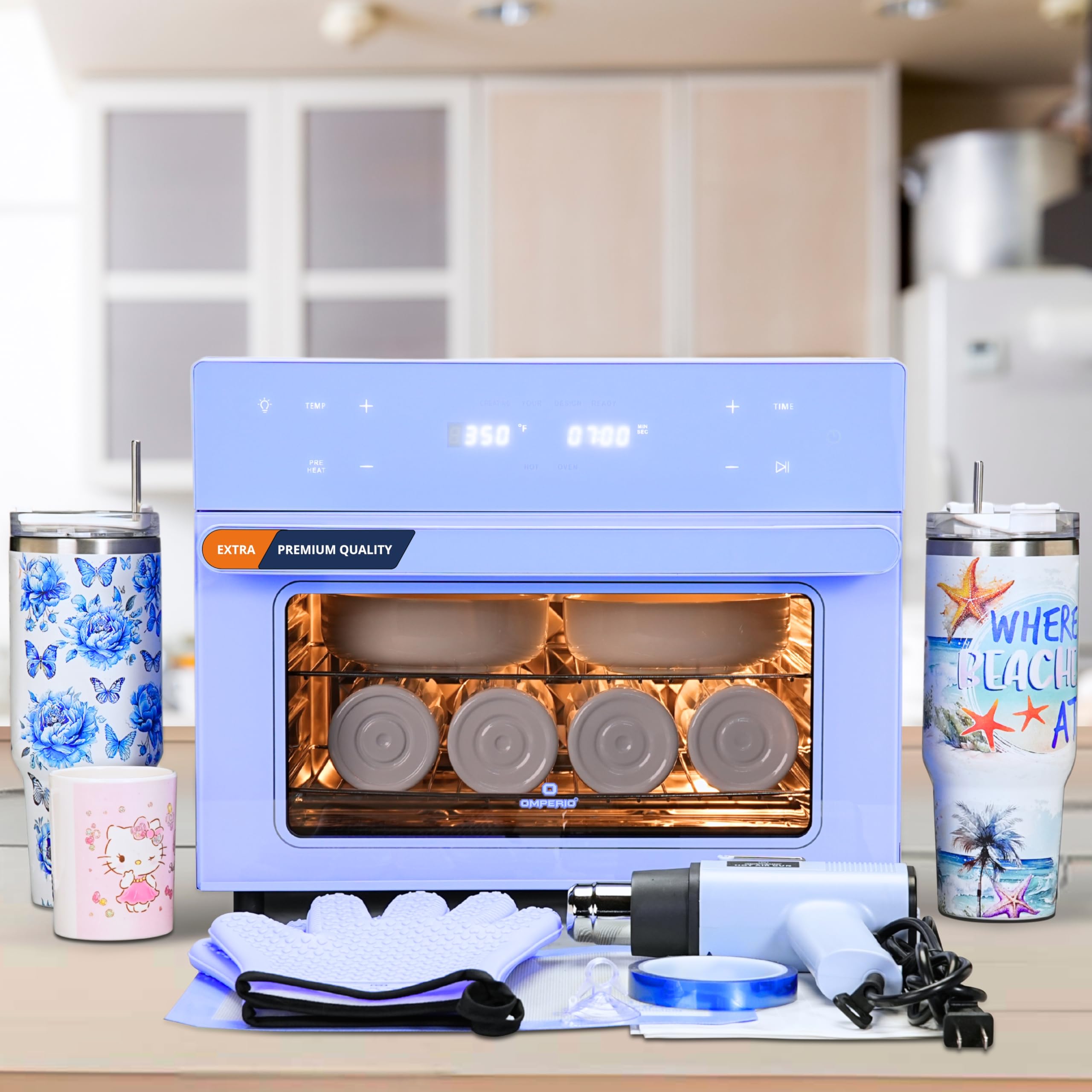 OMPERIO Sublimation Oven Machine for Tumblers, 32Qt 110V 1800W Convection Oven for Sublimation Blank Mugs Tumblers Bowls Glasses Bottles, 1 Heat Air Gun, 25 Shrink Wrap, 2 Heat Gloves, Heat Tape(Blue)