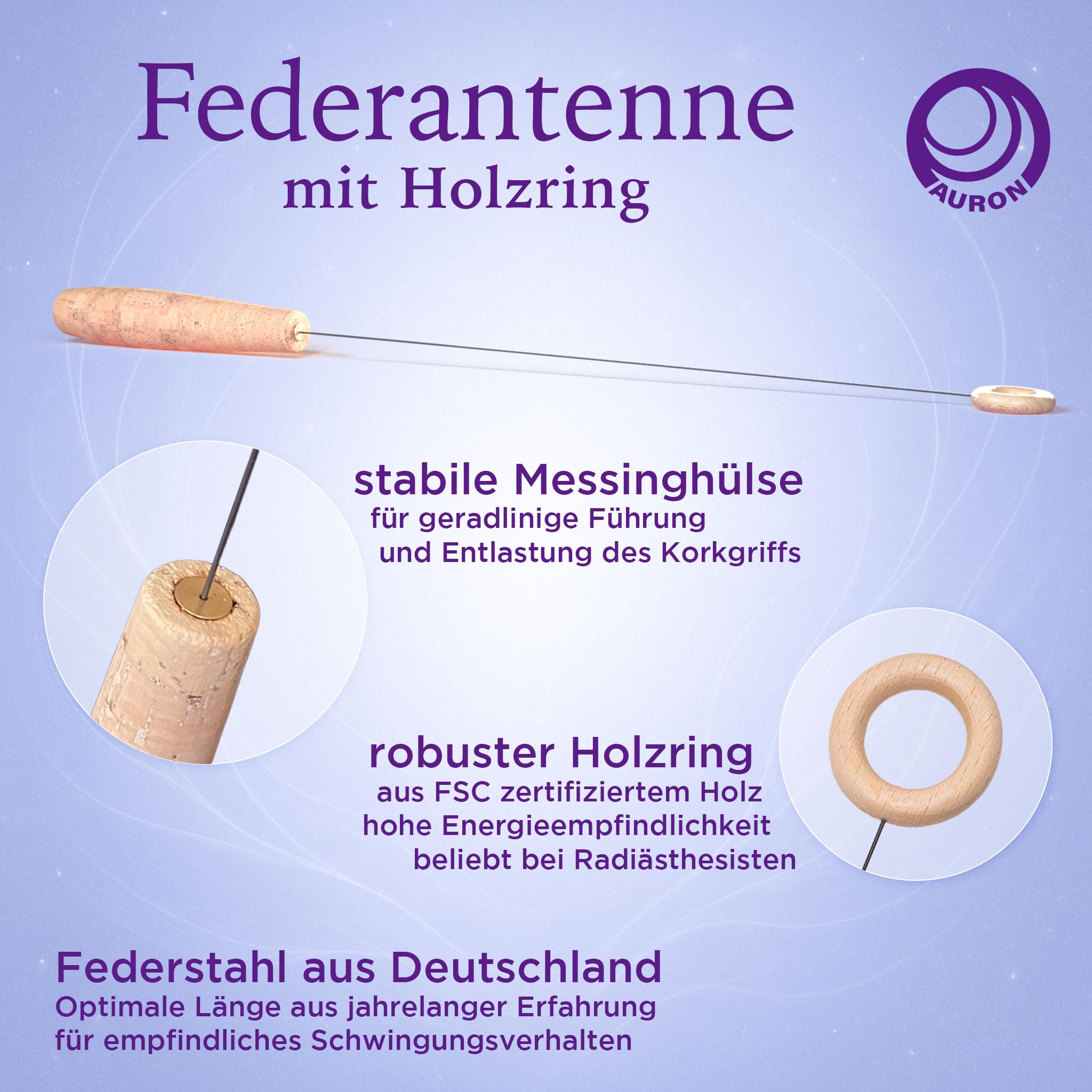 AURON Tensor Einhandrute Korkgriff mit Holzring, 43cm, Ultraleicht & sensibel nur 17g, inkl Transportrolle und Anleitung, Handgefertigt in Deutschland