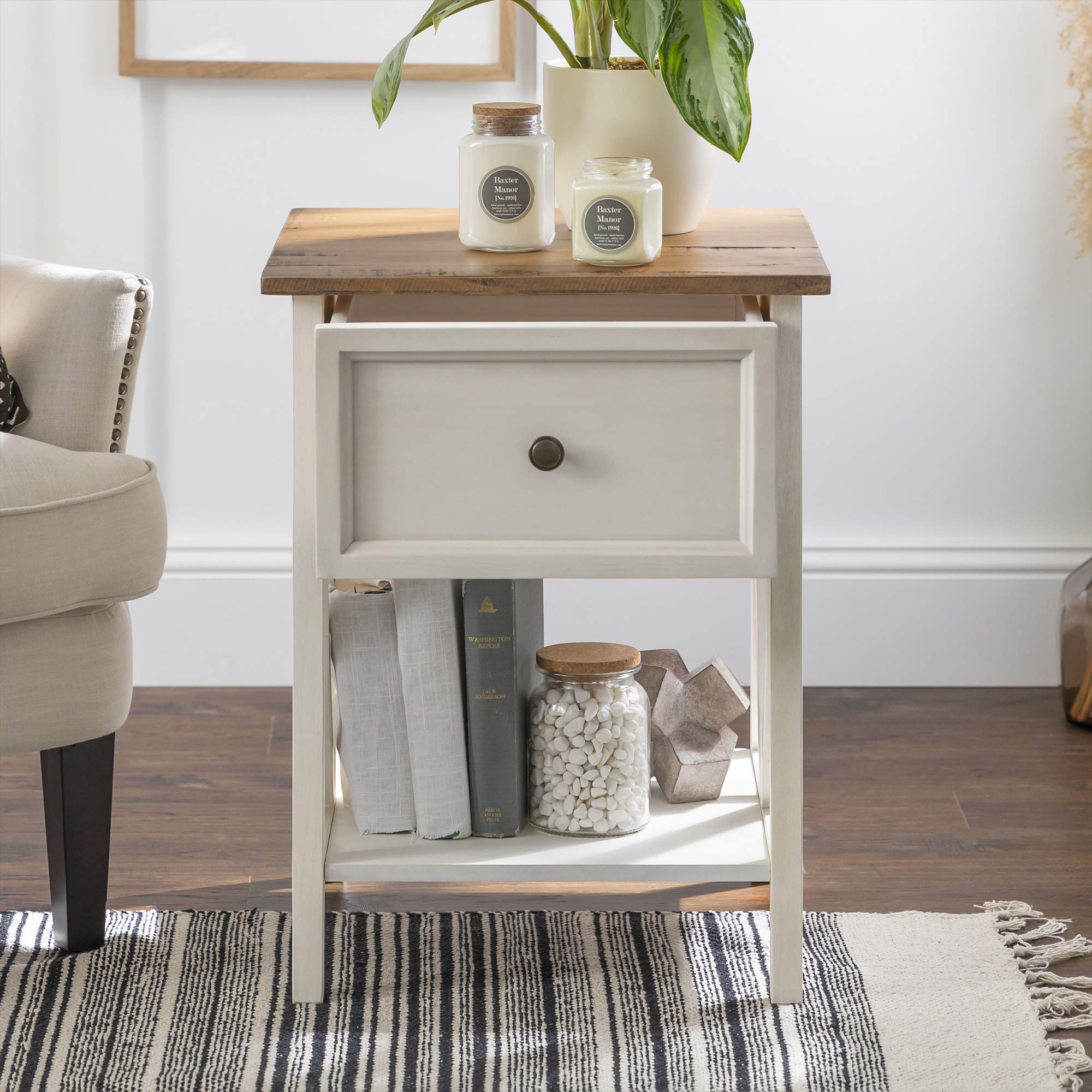 Walker Edison Natalee Modern Farmhouse 1 Drawer Wood Square Side Table ...