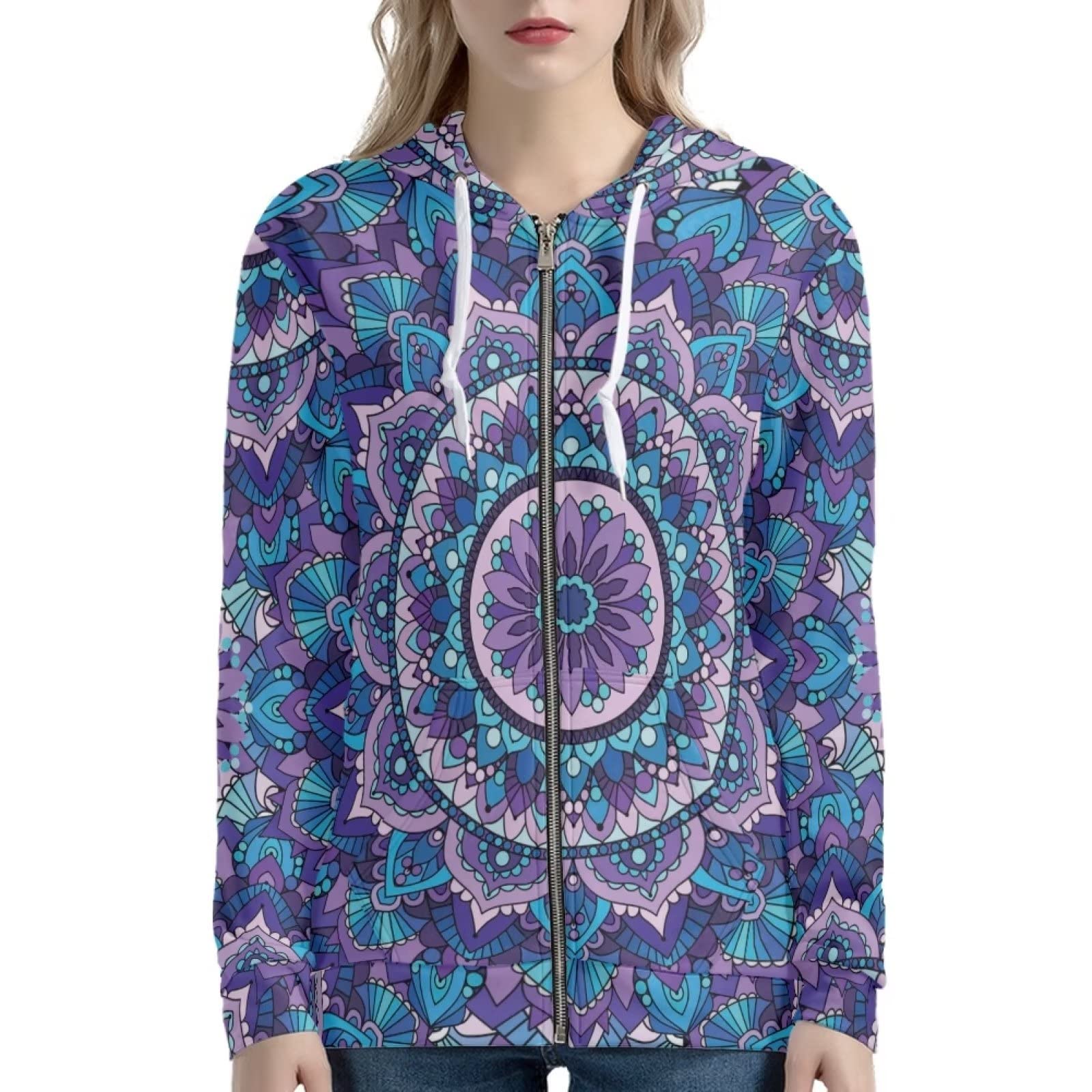 Xoenoiee Stampa 3d Donne Zip Up Felpe Felpa Giacca Manica Lunga Camicie Streetwear Pullover Top Con Tasca, Mandala., XXL