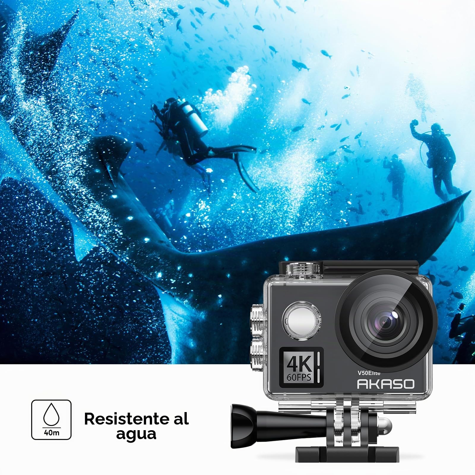 AKASO V50 Elite Cámara Deportiva 4K WiFi 20MP con Tarjeta de Memoria MicroSDXC de 64GB, Cámara de Acción con EIS Pantalla Táctil, Camara Acuatica Sumergible con 8X Zoom 2 Baterías Multi Accesorios