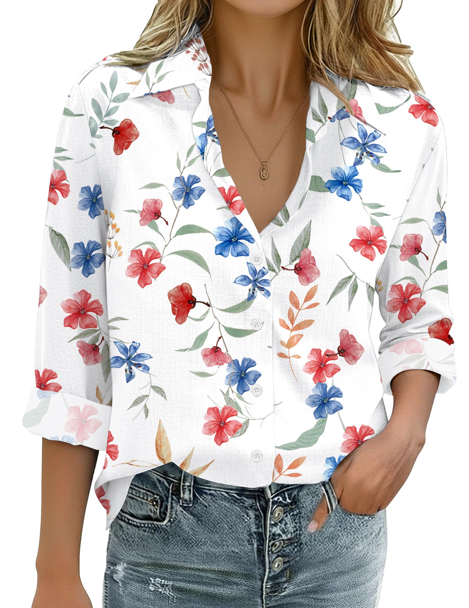 Zeagoo Womens Cotton Linen Button Down Shirts Loose Fit Long Sleeve Collared Blouse Casual V Neck Tops Outfits S-3XL — view 13
