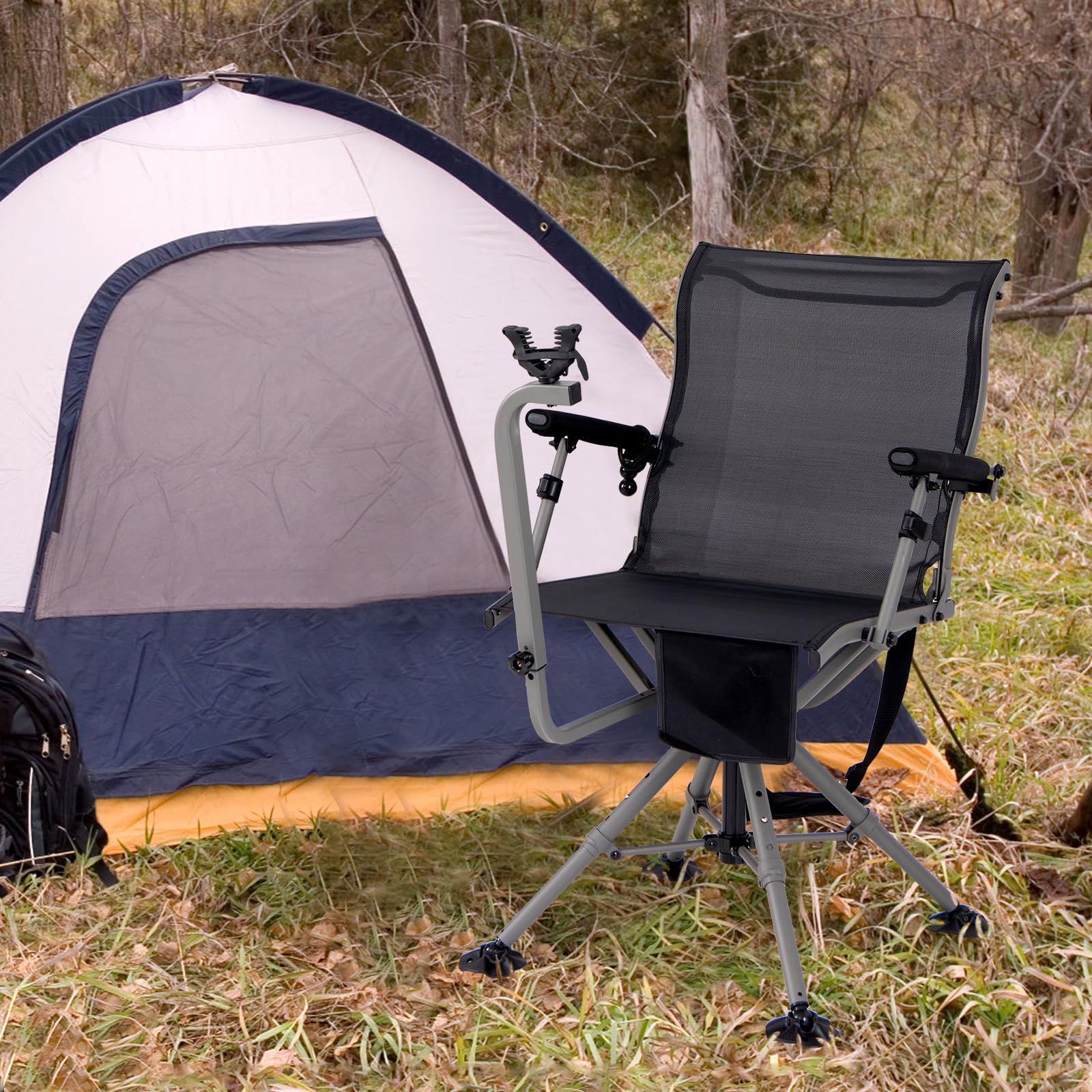 KOMFOTTEU Silla de Caza Giratoria 360°, Silla Plegable de Exterior con Soporte para Rifle Ajustable y Patas Ajustables, Asiento de Francotirador con Bolsillo de Transporte, Carga 150 kg (Modelo I)