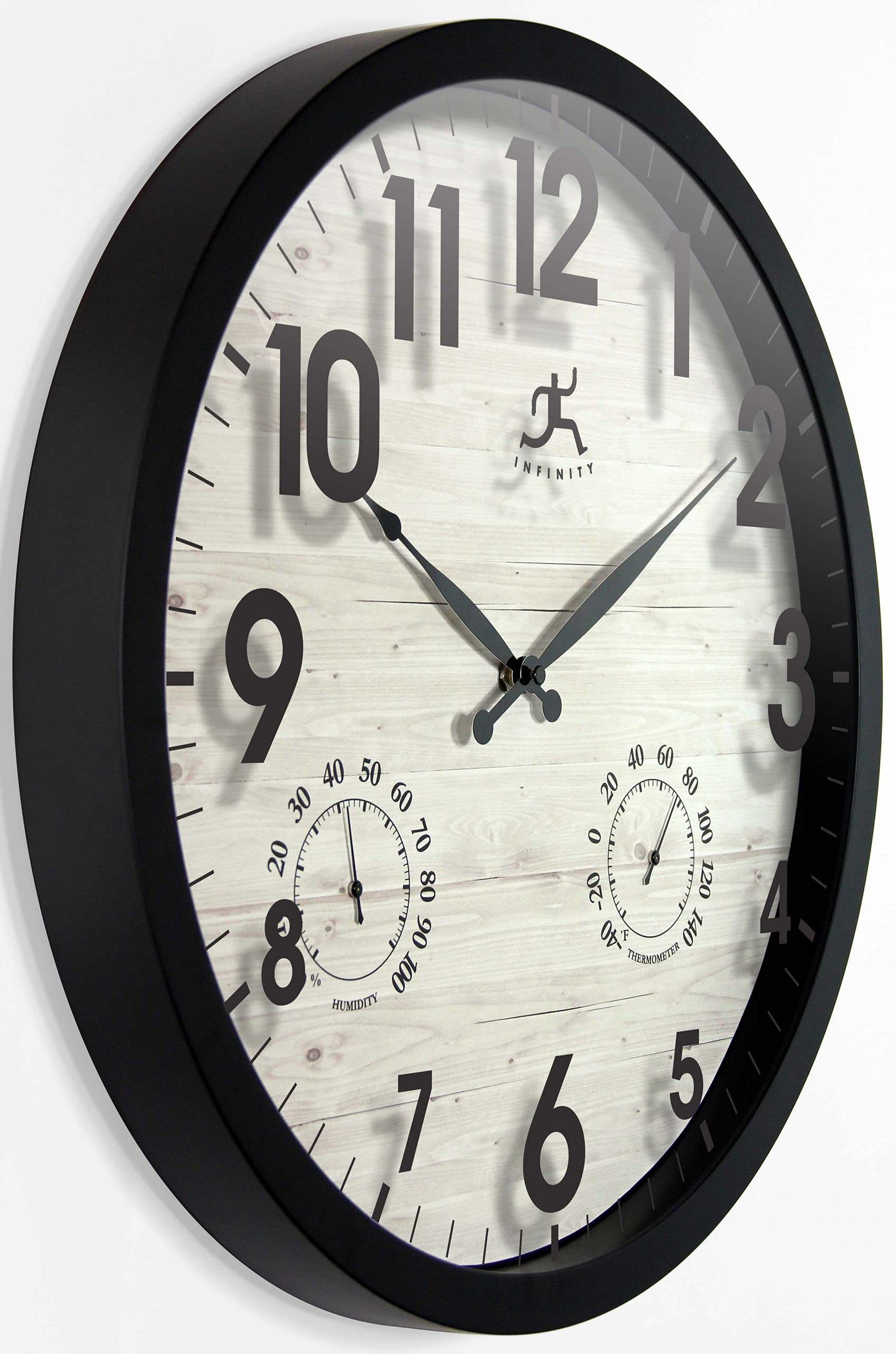 Concordia - Orologio da parete impermeabile per interni ed esterni, con igrometro e termometro integrati, quadrante in legno chiaro con cornice nera, funzionamento silenzioso a batteria, orologio