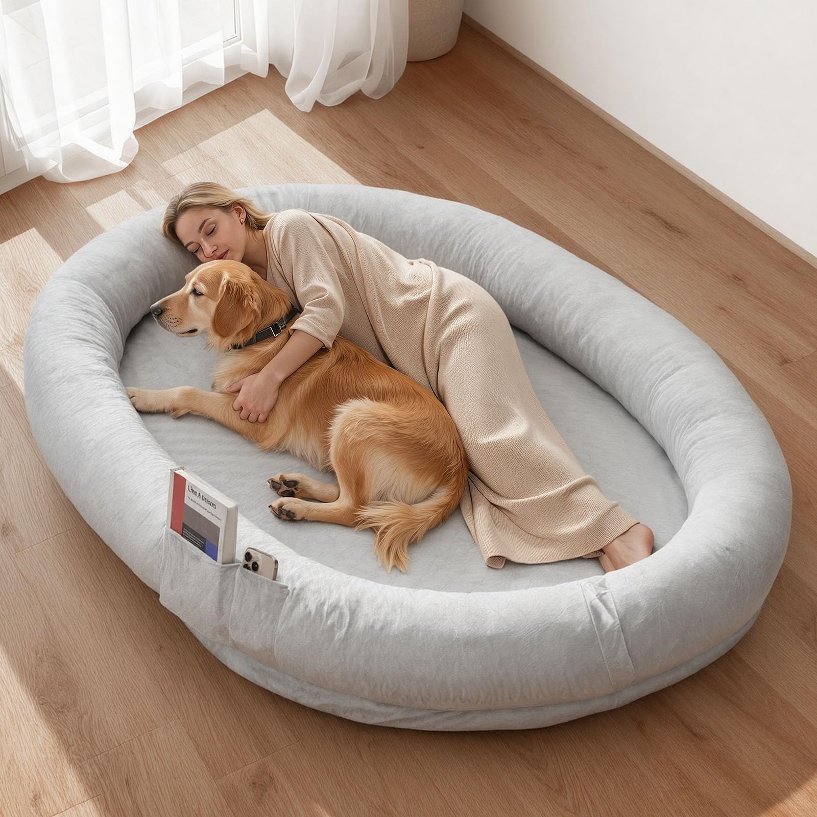 VEVOR Cama para Perros, 178 x 120 x 24 cm, Peluche Corto, de Espuma Viscoelástica, Tamaño Humano, con Bolsillo Lateral, Asa y Cremallera, Funda Extraíble y Lavable a Máquina, Gris, Diseño Ovalado