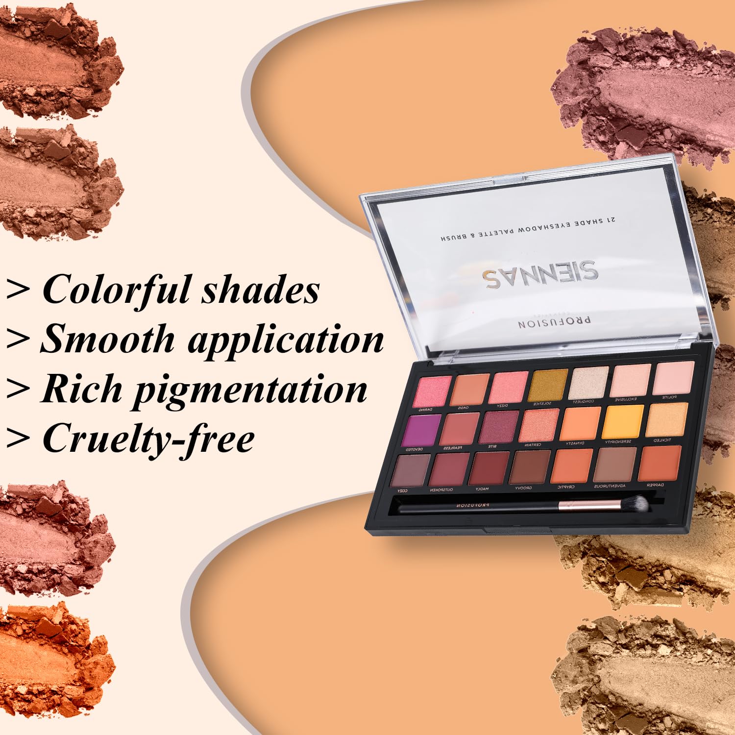 Profusion Cosmetics 21 Shade Eyeshadow Palette for Eyecatching Look, Long lasting and Cruelty Free Bright Pigmented Shades Collection and Brush, Siennas