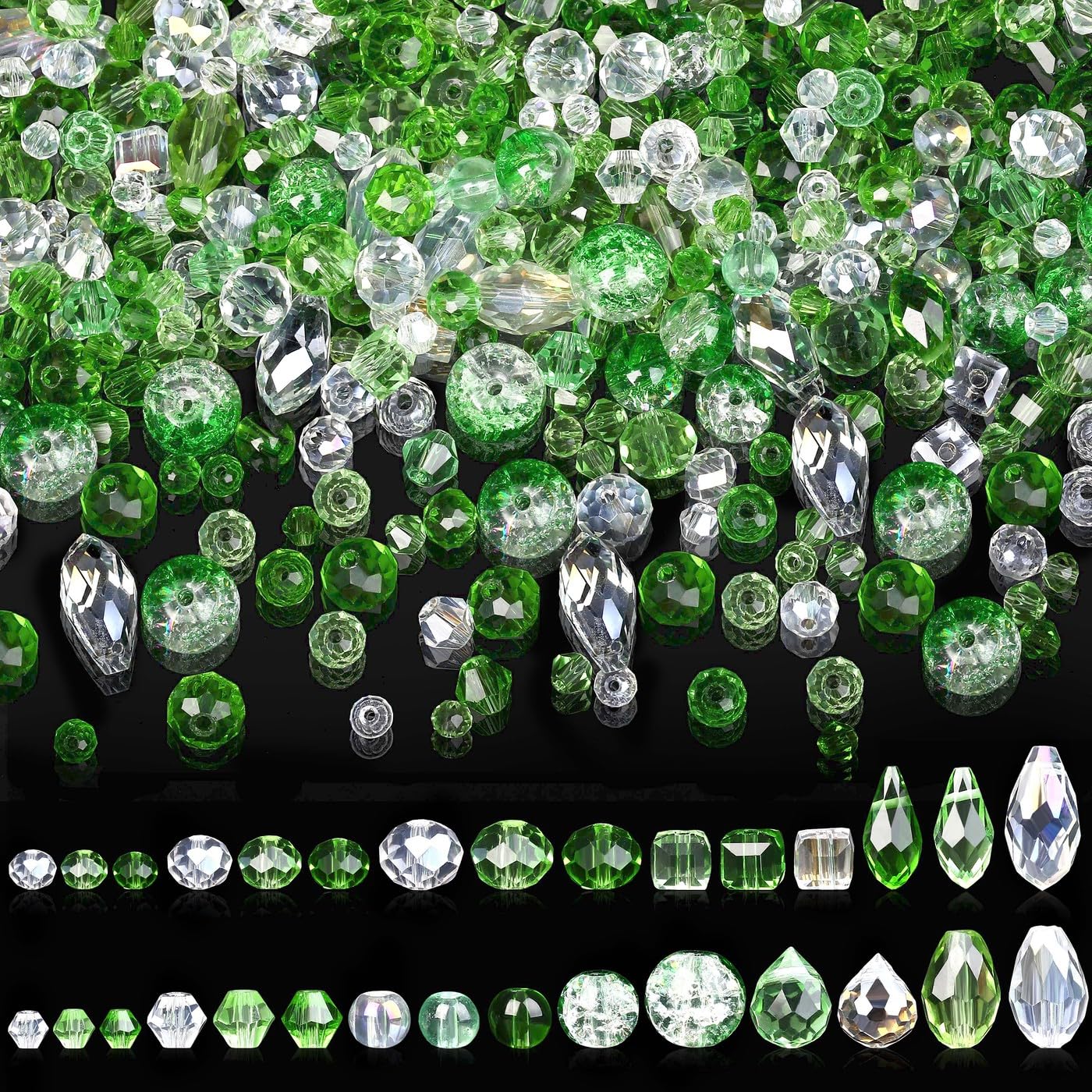 1200 Stück Glas Perlen für Armbänder, 4/6/8 mm Glasperlen zum Auffädeln mit Behälterbox, Grüne Perlen Kristallperlen, Glass Beads mit Loch für Basteln & Diy
