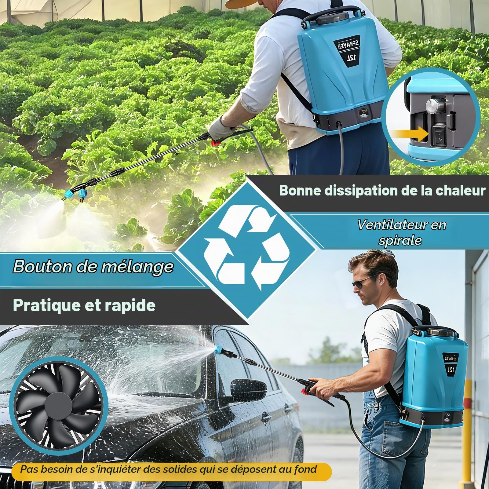 Pulverisateur Electrique 12L,45PSI Pulvérisateur de Jardin Compatible avec Makita 12V Batteries,Pulvérisateur à Batterie avec 5 Buses Reglables,Lance Télescopique,2×2.0 Ah Batterie,Chargeur