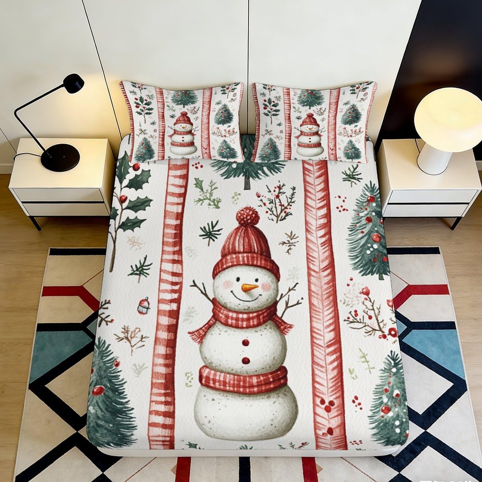 3D Printed Festive Snowman Fitted Sheet Microfiber Red Green Christmas Tree Mattress Cover for Bedroom Guest Room Decor 90x200x25cm