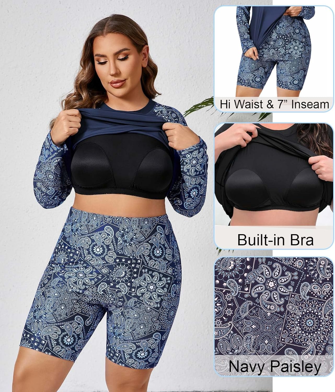 Halcurt Women's Built in Bra Long Sleeve Rash Guard Plus Size 2 Piece Swimsuit Shirt and Shorts