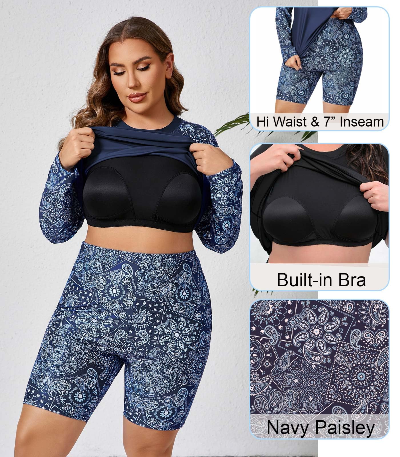 Halcurt Sujetador integrado de manga larga para mujer, talla grande, traje de baño de 2 piezas y pantalones cortos