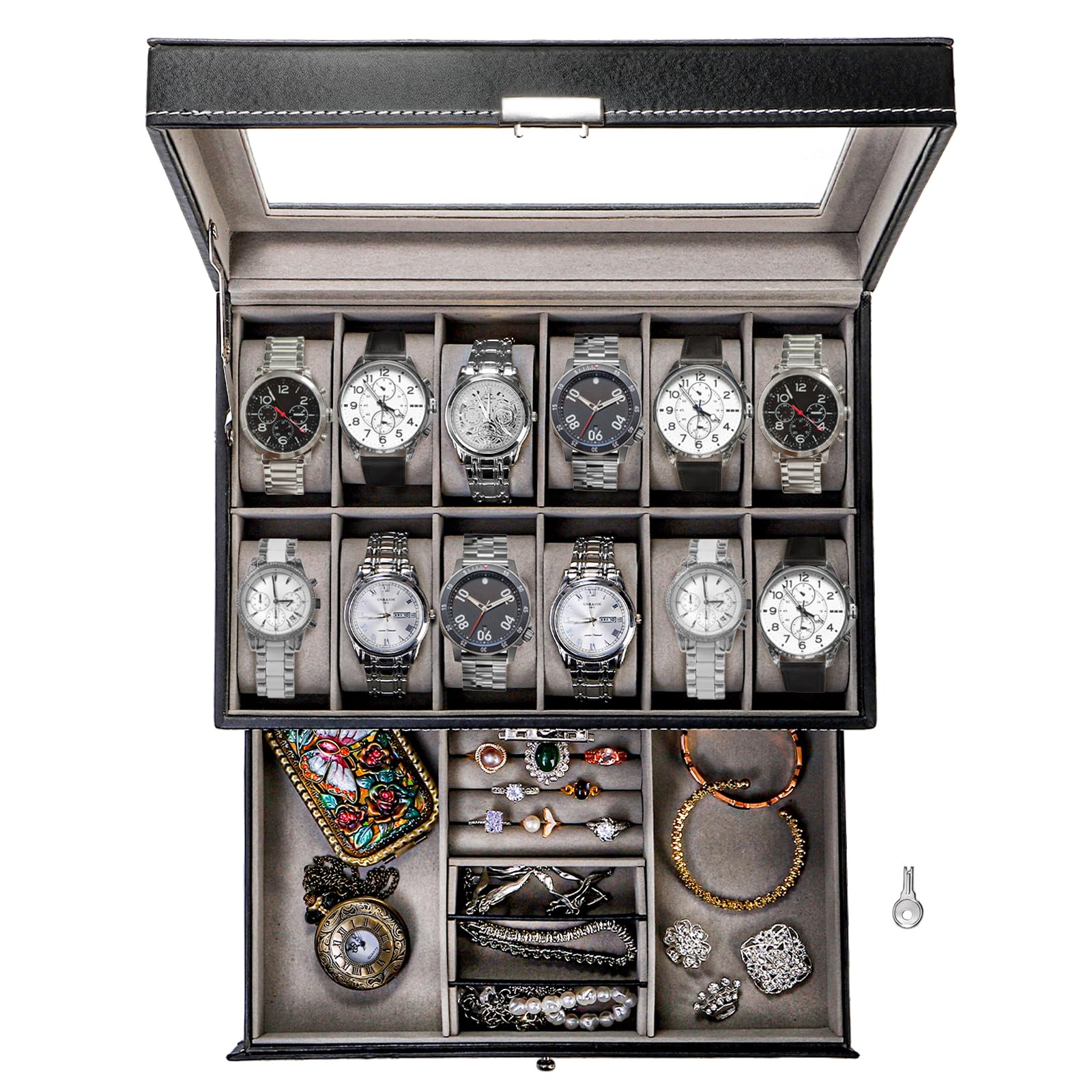 Tebery Boîte à montres verrouillable à 12 emplacements avec couvercle en verre, support de montre à 2 niveaux avec 1 tiroir pour bagues et bracelets, cadeau pour petit ami, fête des pères,