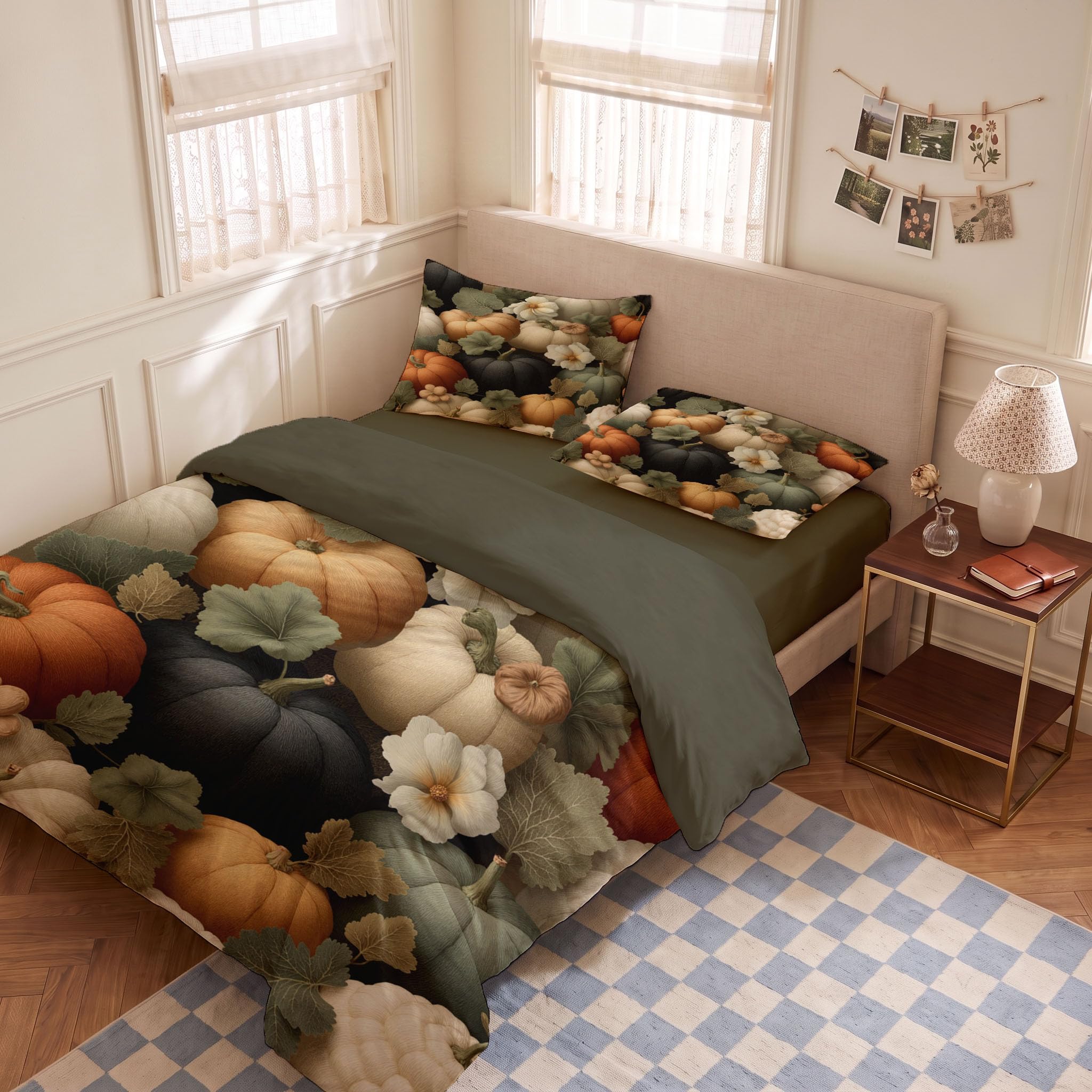 Housse de Couette 200x200cm Plantes à l'aquarelle Floral Parure de lit Adulte | 2 Personnes Fleurs et feuilles blanches citrouille en Microfibre Linge de lit avec Fermeture Éclair et 2 Taie d'oreiller