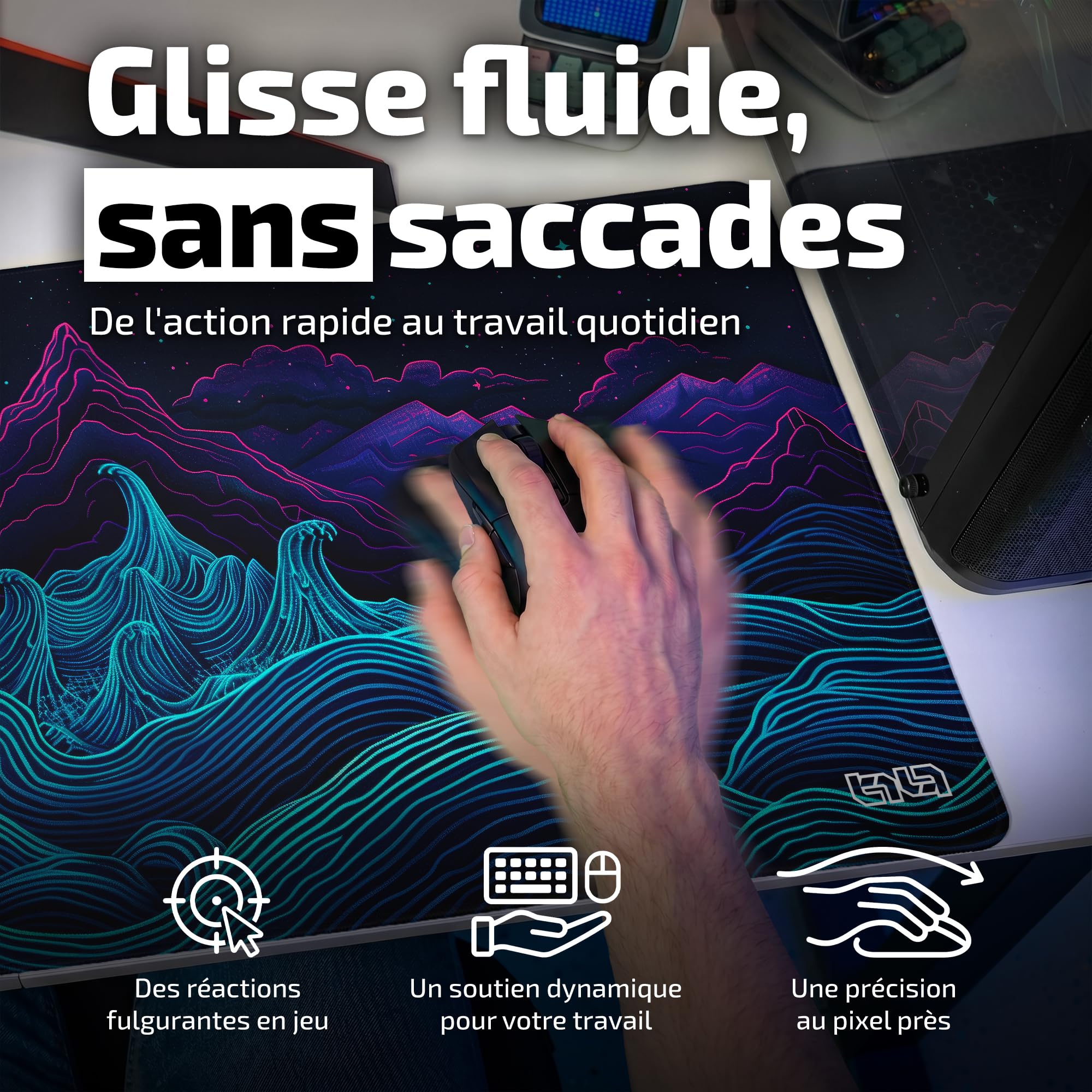 Tilt Grand Tapis de Souris Gamer XXL 100x50 cm | Tapis de Bureau Gaming Anti-Dérapant | Mouse Pad Imperméable pour PC et Accessoires Gaming (Retrowave Mountains)