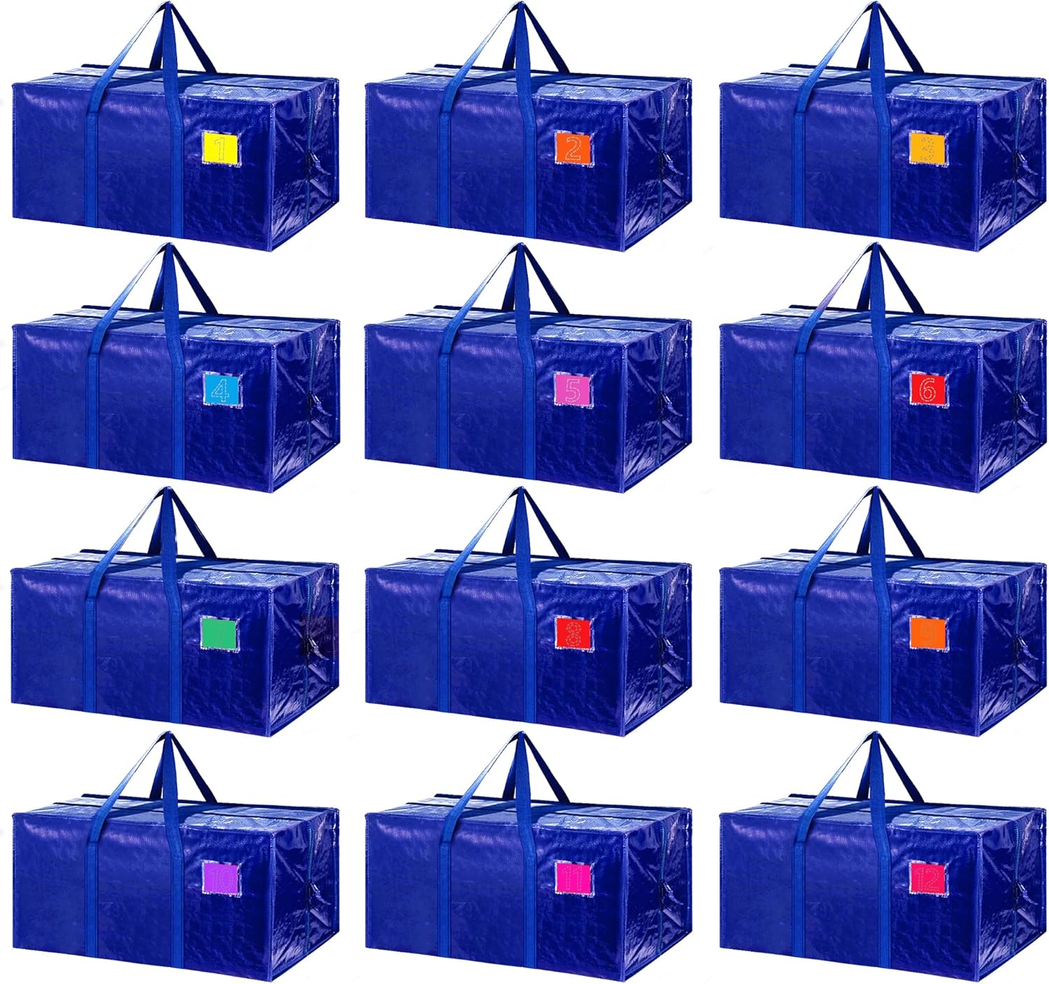 12 Pack Extra Large Heavy Duty Moving Bags with Reinforced Zipper & Wide Handles, Waterproof Storage Bins Packing Cubes for Clothes, College Dorm, Travel, and Home Organization, Blue