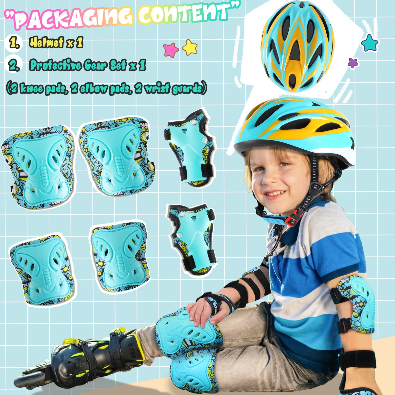 Casque Vélo Enfant Casque Ajustable pour Filles Garçons avec Réglables Genouillères et Coudières Équipement de Protection pour Cyclisme Roller Skateboard Scooter 52-58 cm 3-12 Ans
