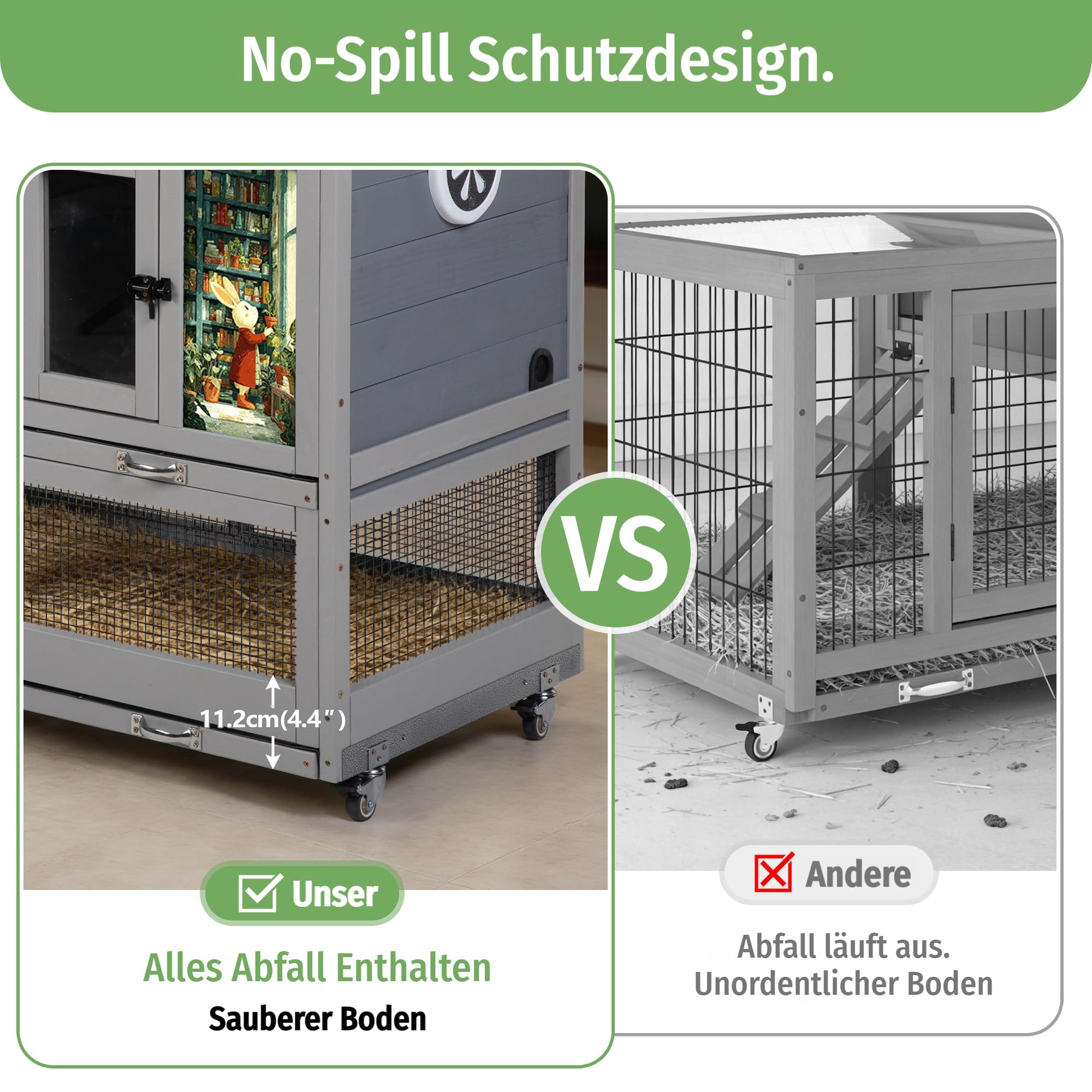 Kaninchenstall mit Freilaufgehege, 2-stöckig mit Rollen, großer Schublade, wasserdichtem Asphalt-Dach - Holzgehege für Kaninchen draußen & innen, Meerschweinchen