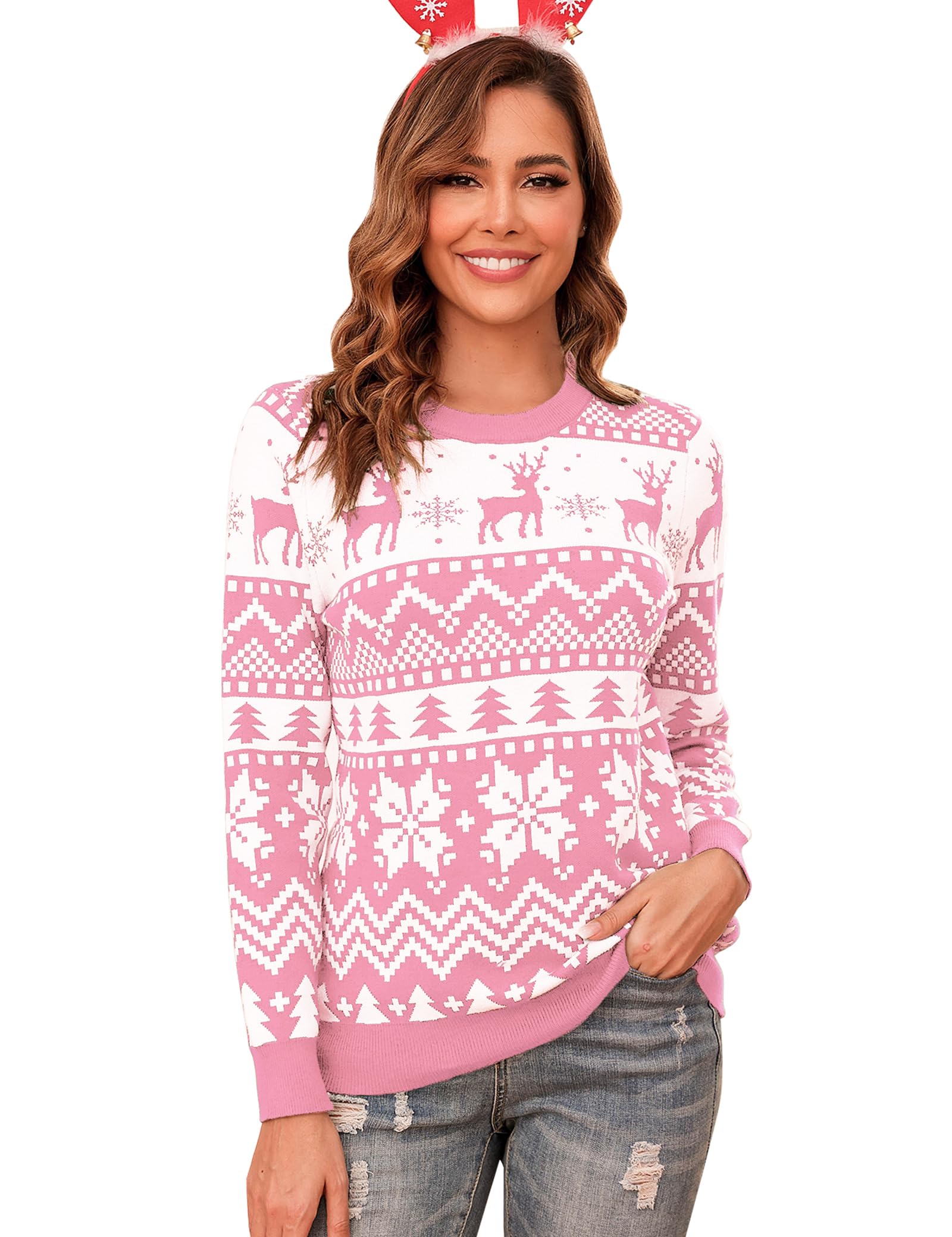 Aottori Maglione Natalizio Donna Uomo Maglioni di Natale Coppia Girocollo Maglia Natalizi Famiglia Maglieria Lavorato Natalizi Renna Fiocco di Neve Inverno