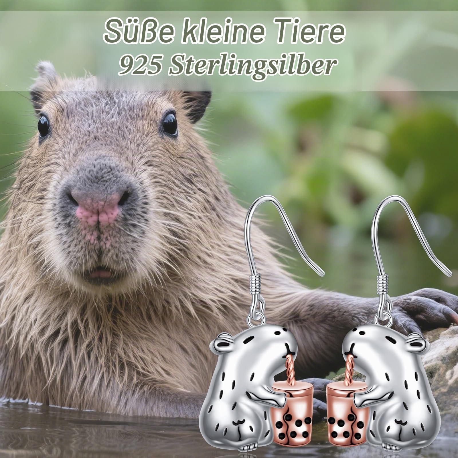 Flyow Capybara Schmuck Set 925 Sterling Silber Niedliche Bubble Tee Capybara Ohrringe und Halskette Hypoallergenic Tier Schmuck Geschenke für Mädchen Damen