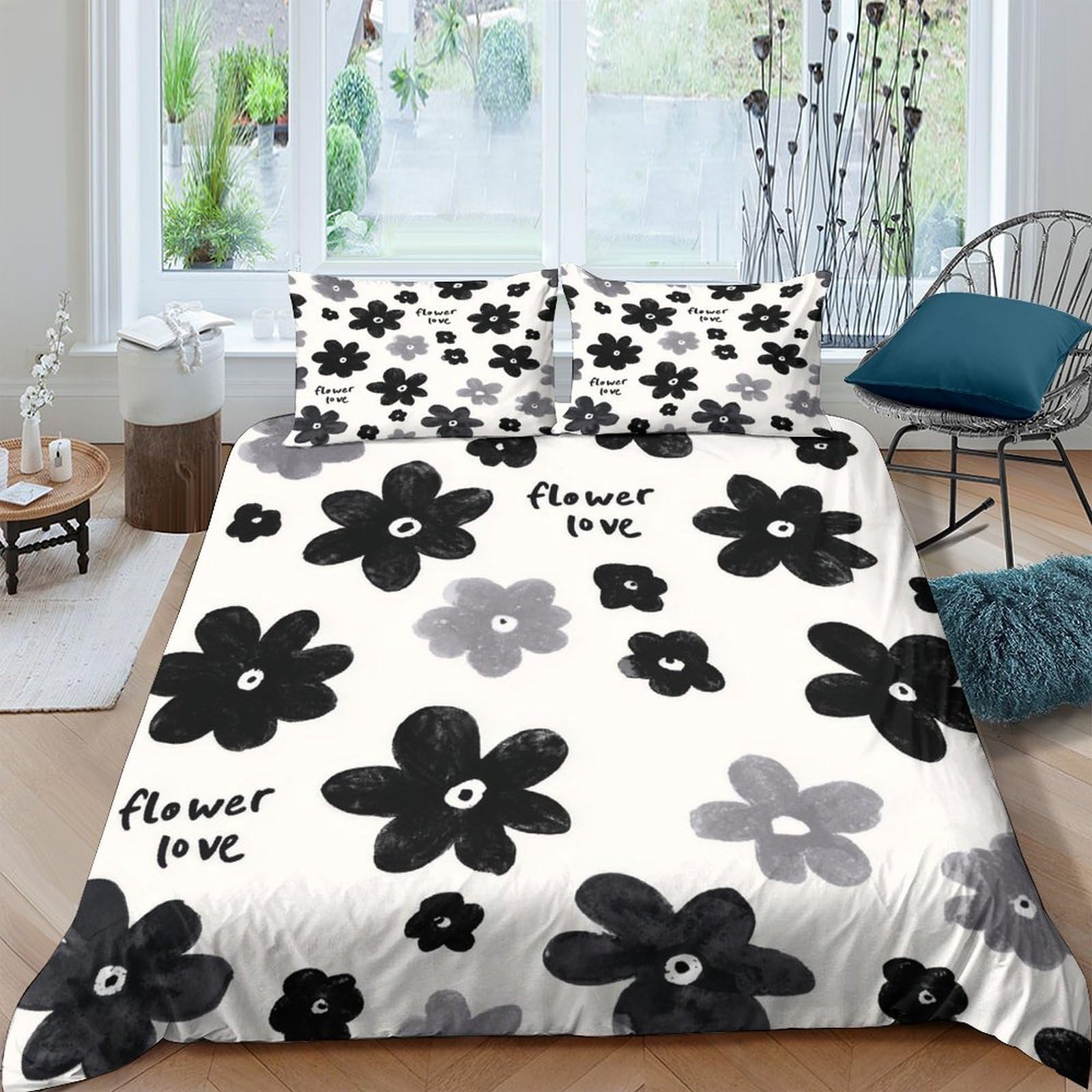 Housse de couette fleur noire 3D King 220x240cm en microfibre et taies