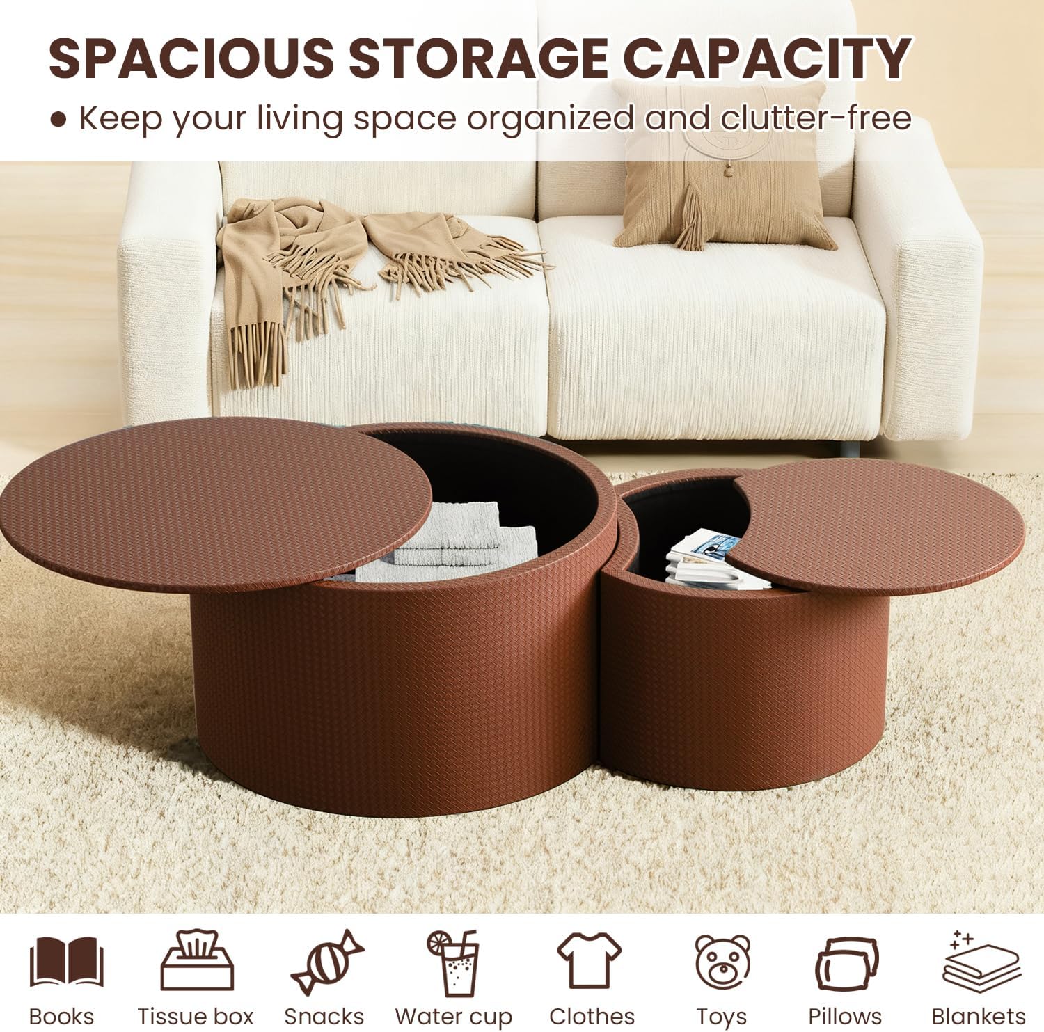 WXFKLDJ Nesting Coffee Tables Set of 2 Leather Finish Round Coffee Tables with Storage Wood Frame Drum End Side Table for Small Space Living Room Bedroom No Assembly Needed (Brown with Storage)