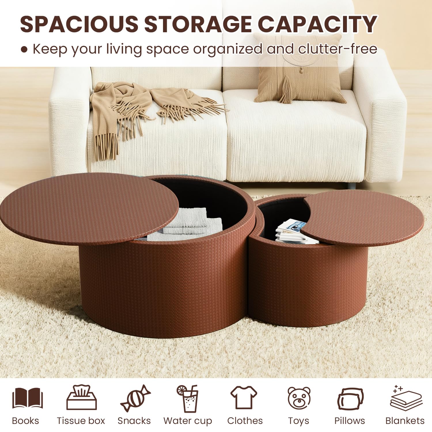 Set di 2 Tavolini Sovrapponibili per Spazi Ridotti, Brown with storage | Tavolini Rotondi con Finitura in Pelle e Vano Contenitore - Struttura in Legno – Tavolini Laterali a Tamburo Ideali