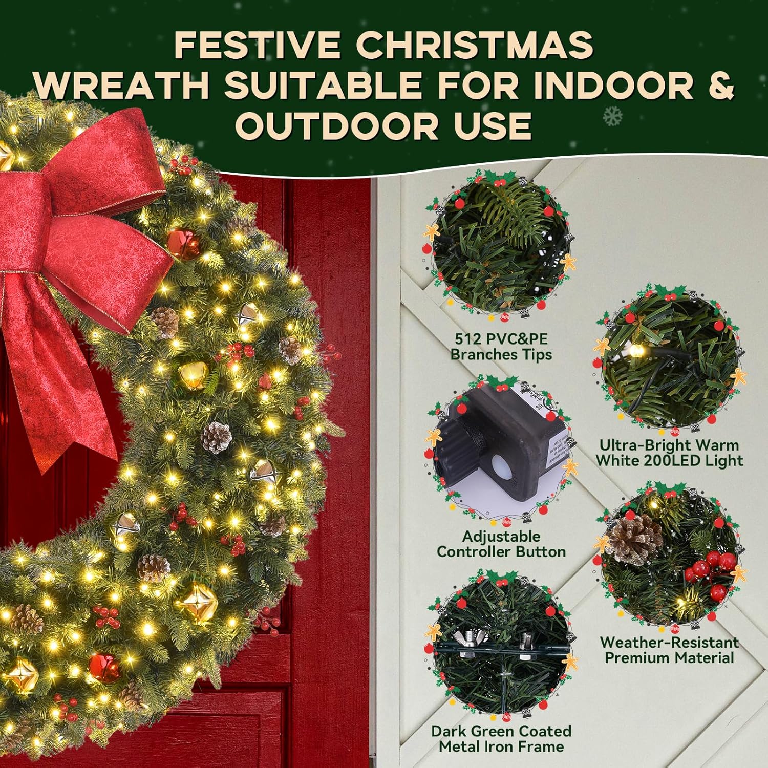 48inch Large Outdoor Christmas Wreath with Lights 200 Led - Pre-Lit Christmas Wreath with Bow, Berries, Pine Cones & Jingle Bells - Lighted Artificial Xmas Wreaths for Walls Garages Mantel