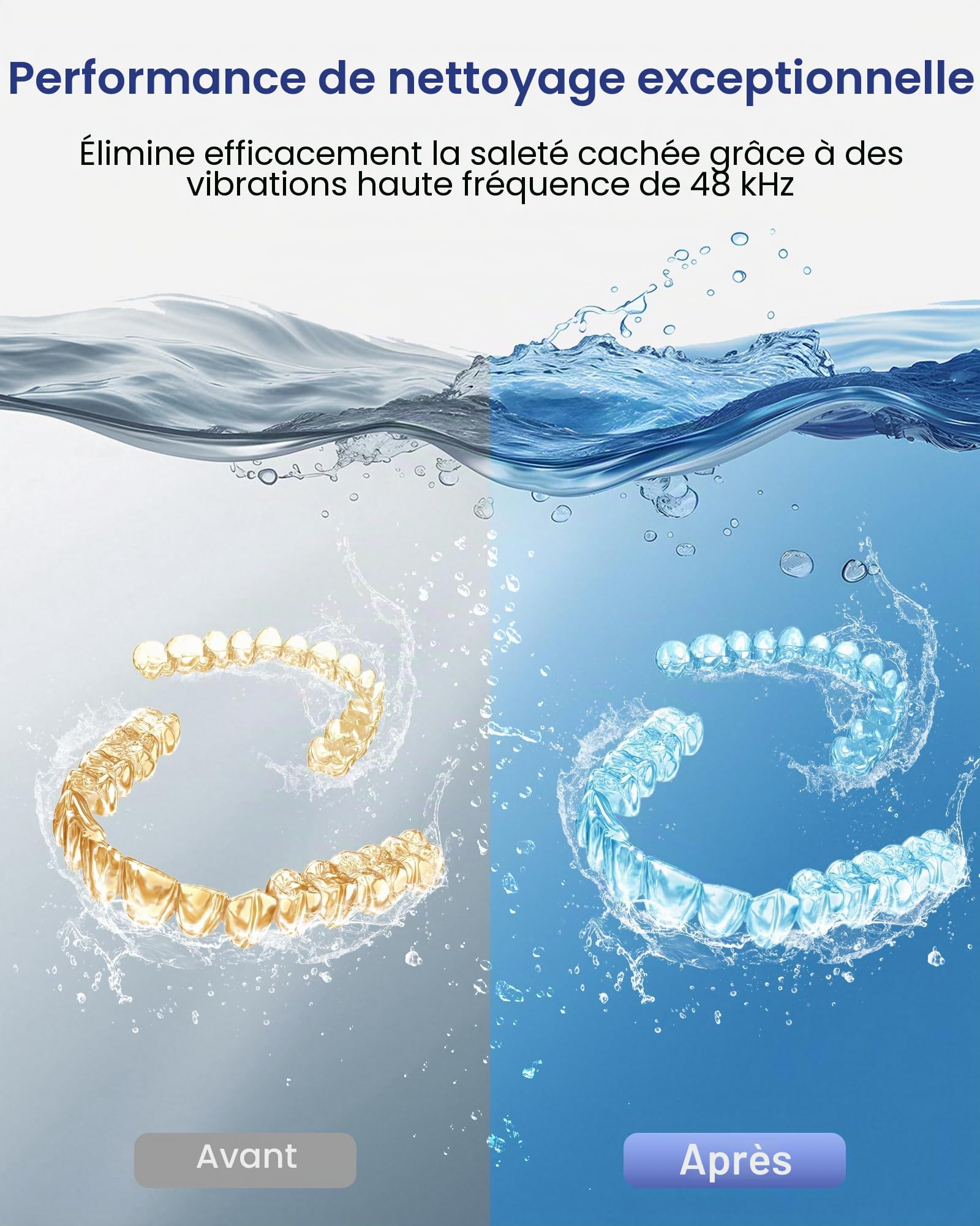 Nettoyeur Ultrasons 48kHz avec Stérilisation UV 375 ml 4 Modes pour Retenue Dentaire, Protège-Dents, Aligneur, Bijoux